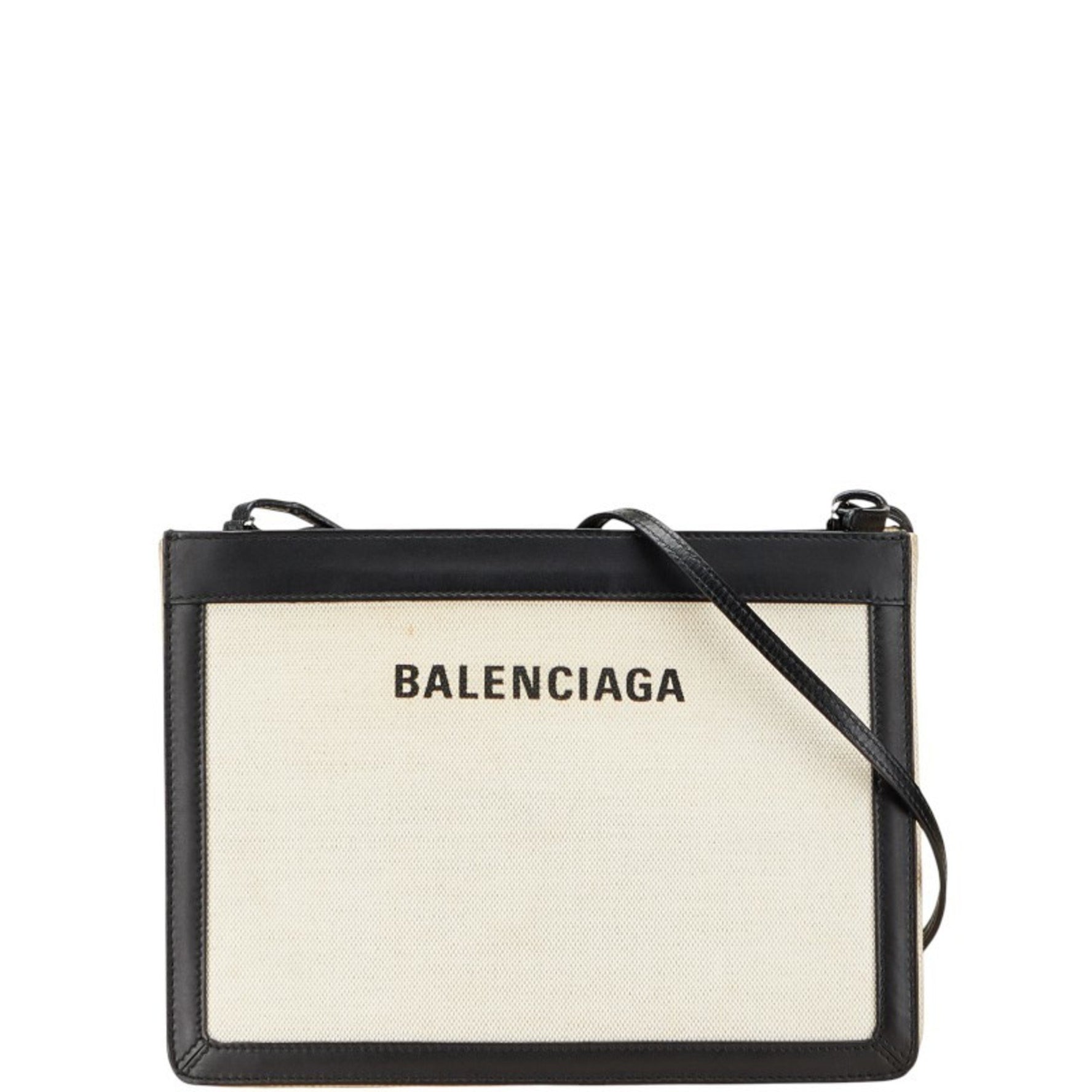 Balenciaga Navy Pochette Shoulder Bag Beige Black Canvas Leather