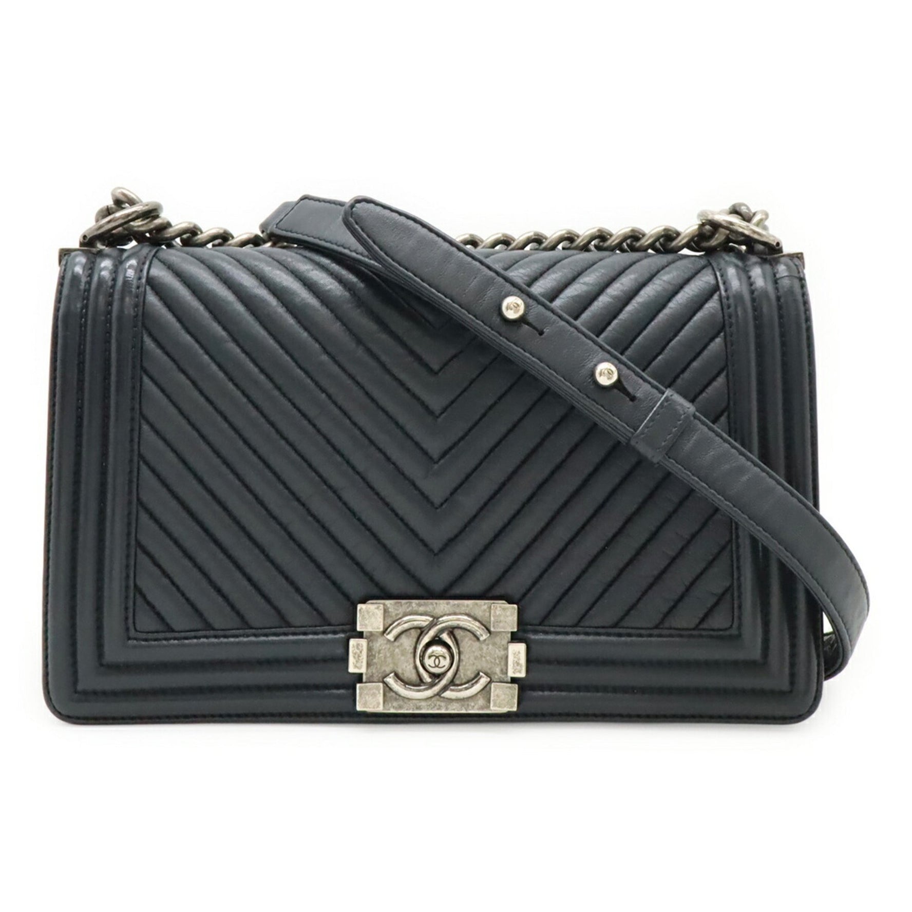 CHANEL Boy 25 V-Stitch Coco Mark Chain Shoulder Bag in Calfskin Leather, Black/Grey