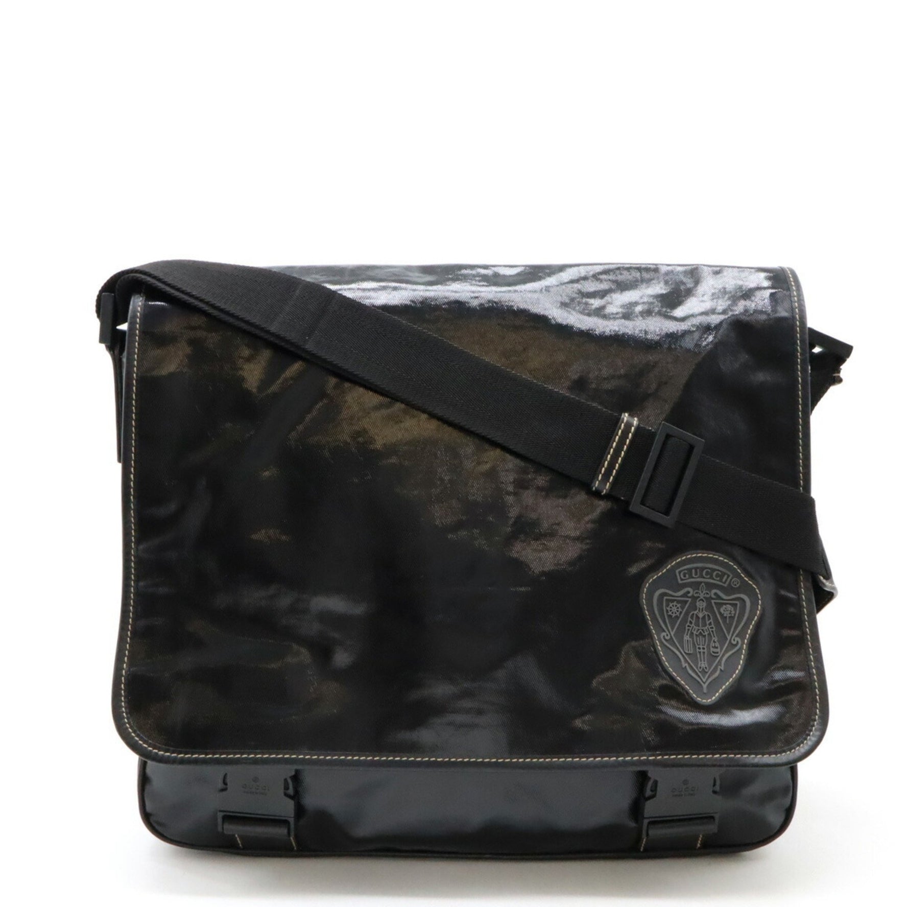 GUCCI Crest Emblem Shoulder Bag Coated Canvas Black