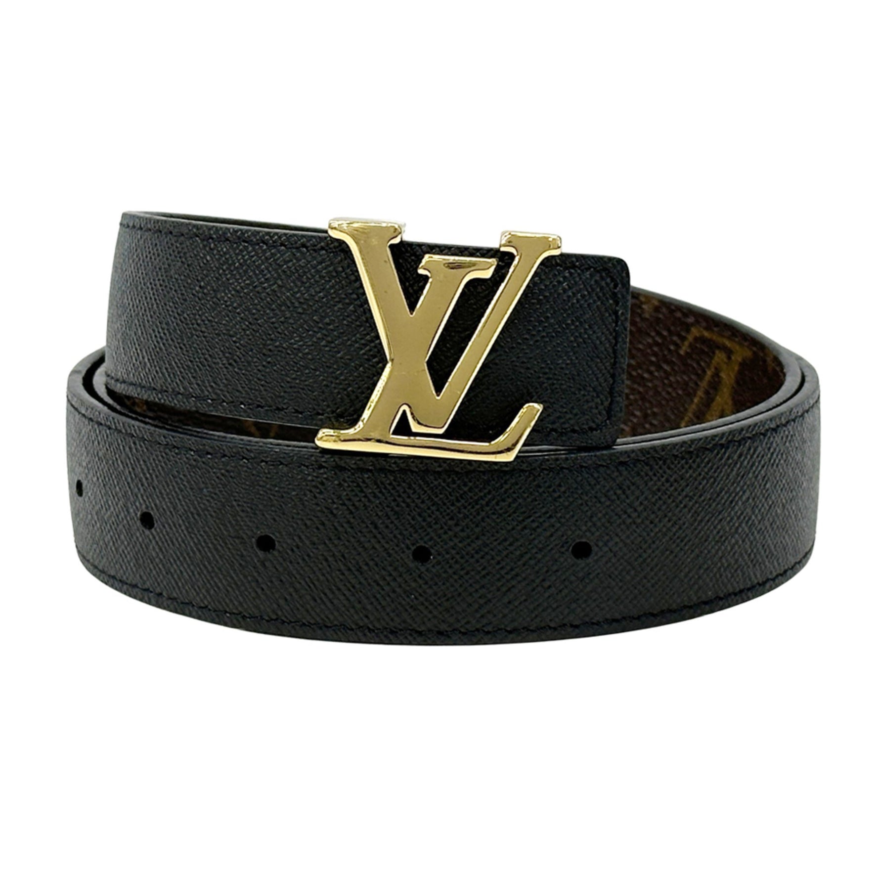 Louis Vuitton Monogram Belt, Canvas, Santur Leather with LV Initials, Black/Brown, Gold Hardware, Reversible