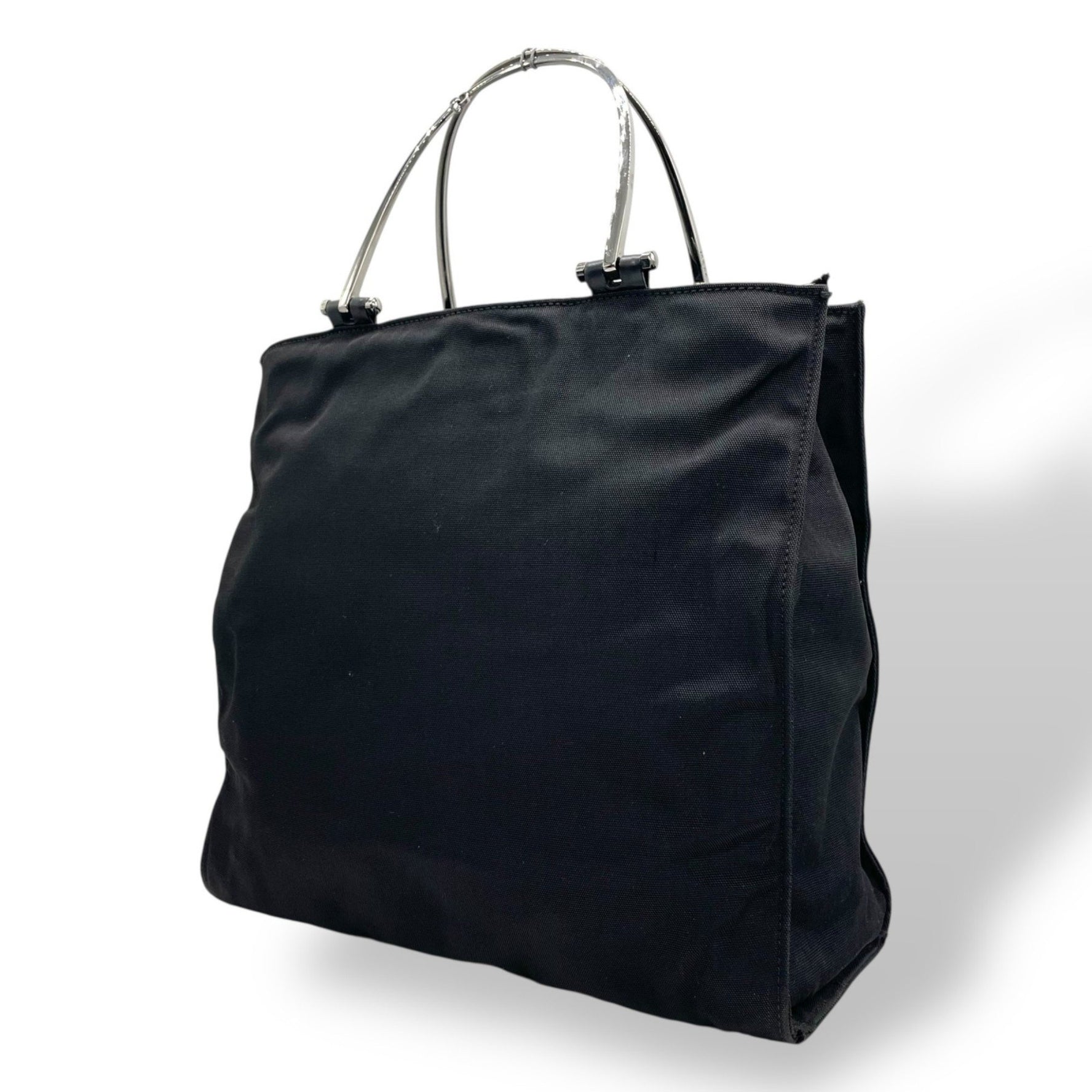 GUCCI Handbag Tote Bag, Metal Handle, Black with Silver Hardware, Nylon and Canvas, Women's, Square, K6