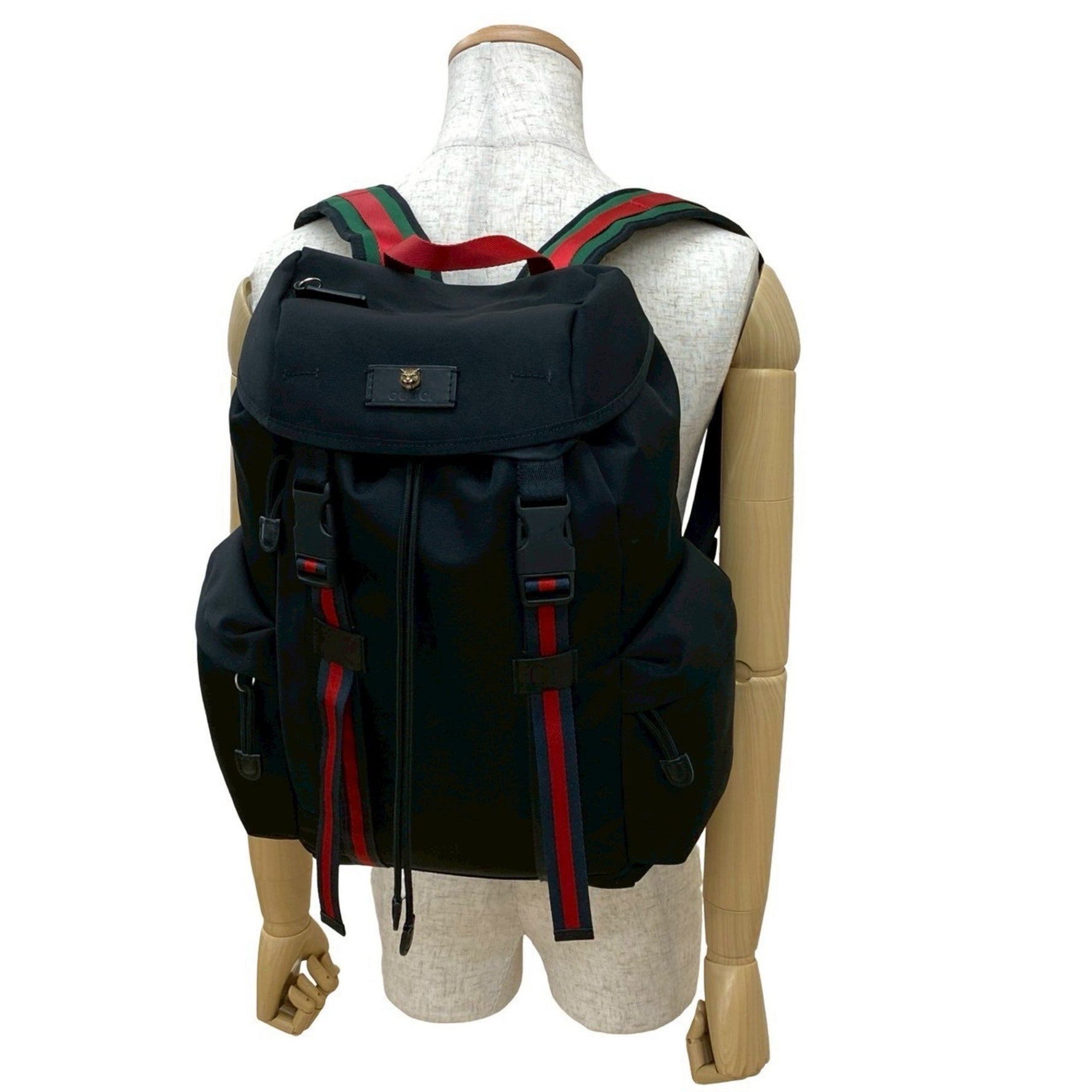 GUCCI Tiger Head Sherry Line Leather and Nylon Rucksack/Daypack in Black