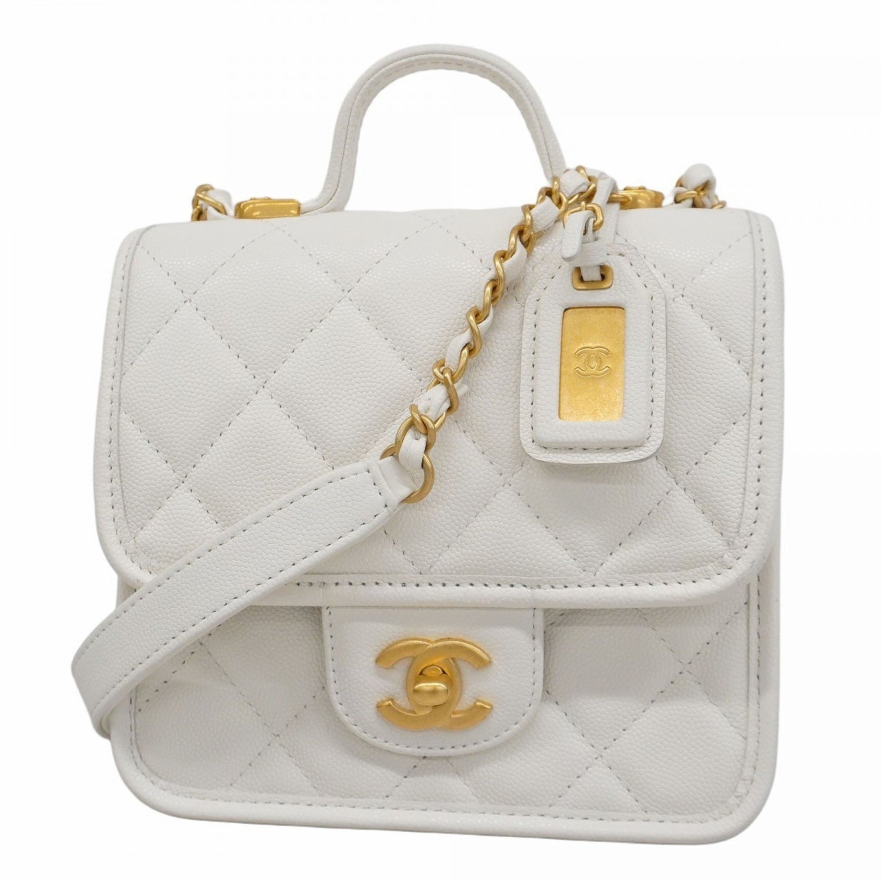Chanel Matelasse Shoulder Bag with Chain Bag, Caviar Skin, White, Women's