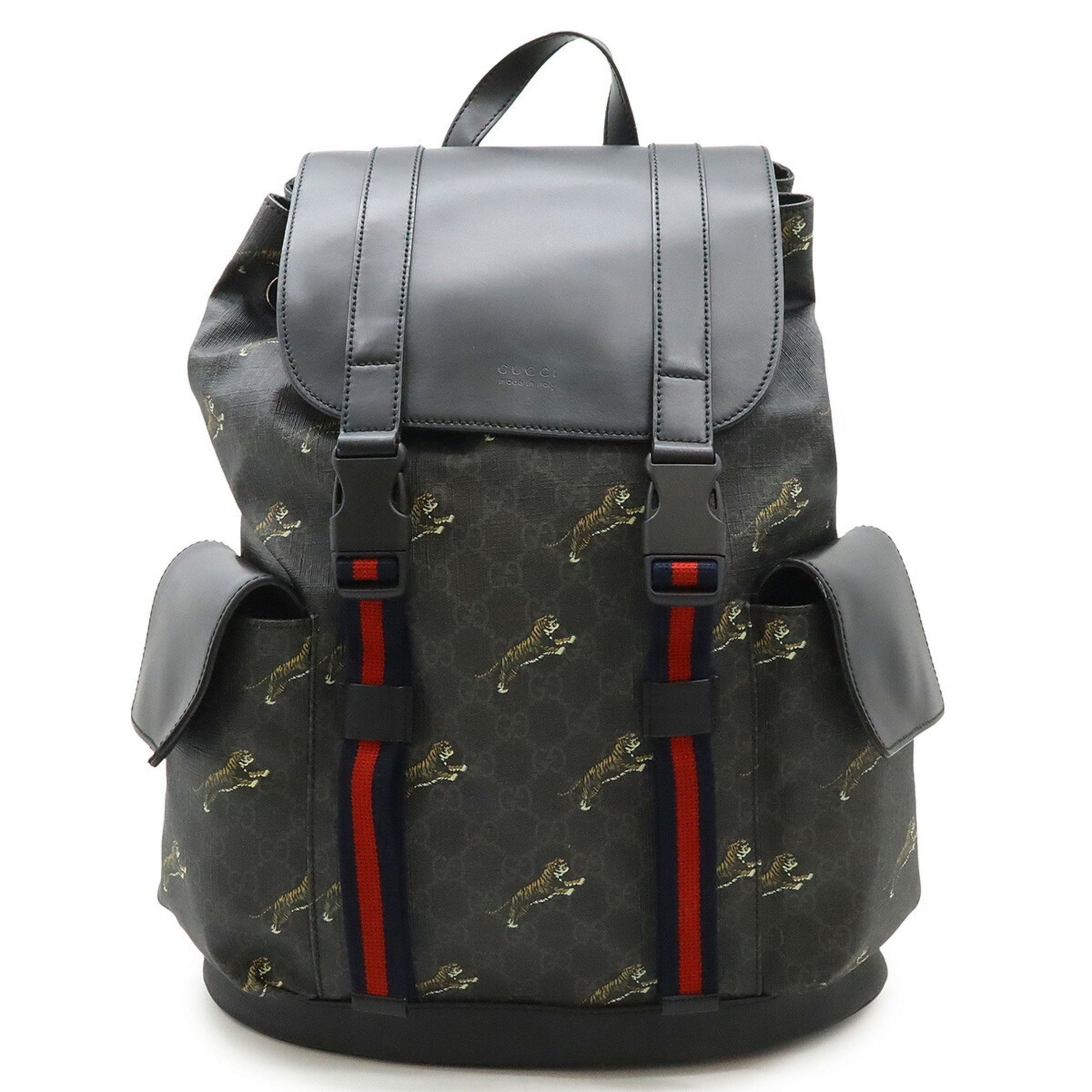 GUCCI Soft GG Supreme Sherry Line Backpack Tiger PVC Leather Black Grey