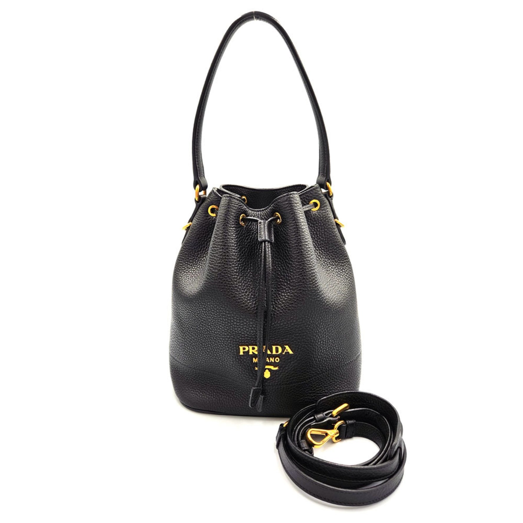 PRADA Bucket Bag Shoulder 1BE018 Black Leather Handbag Women's