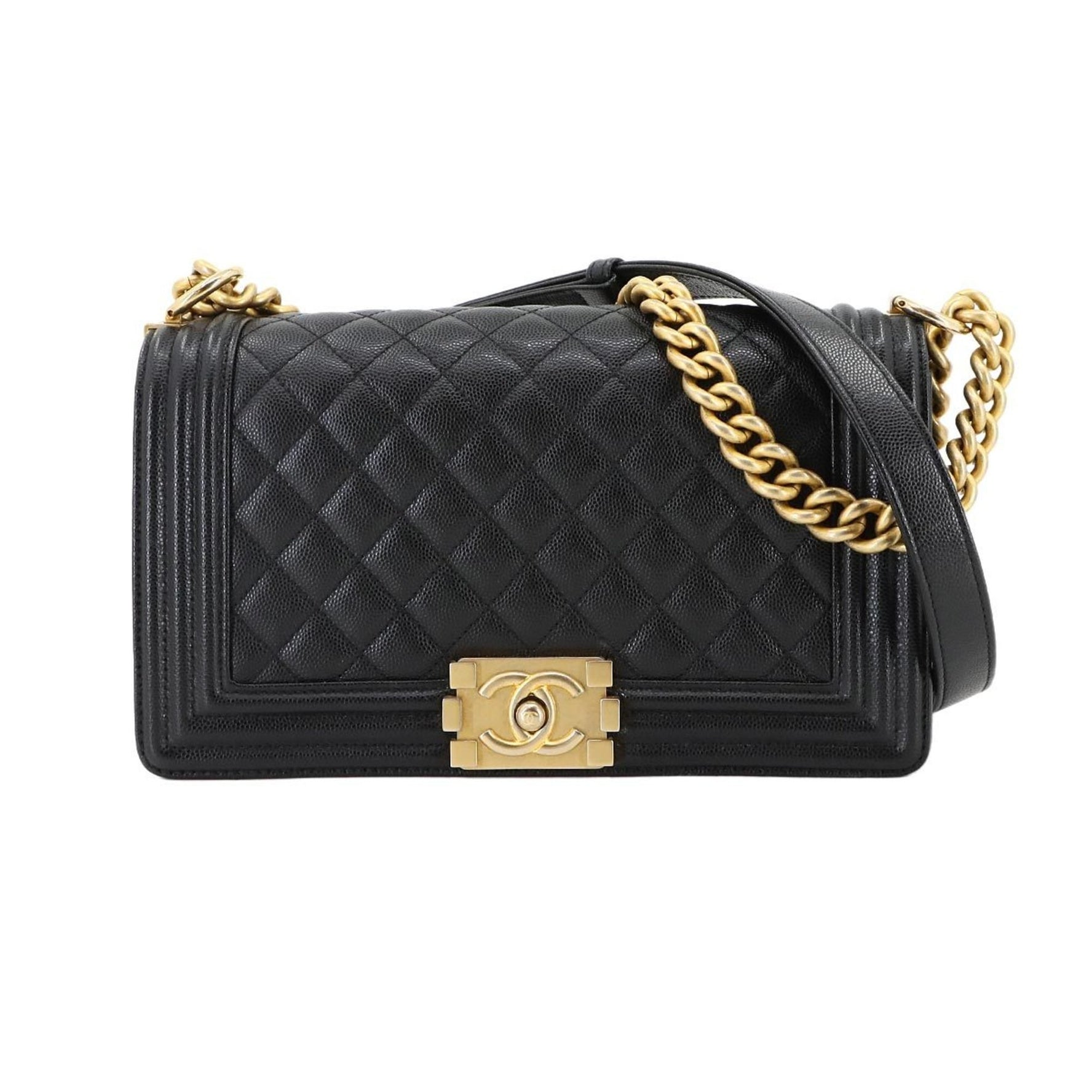 CHANEL Boy Chain Shoulder Bag in Caviar Leather with Gold Hardware