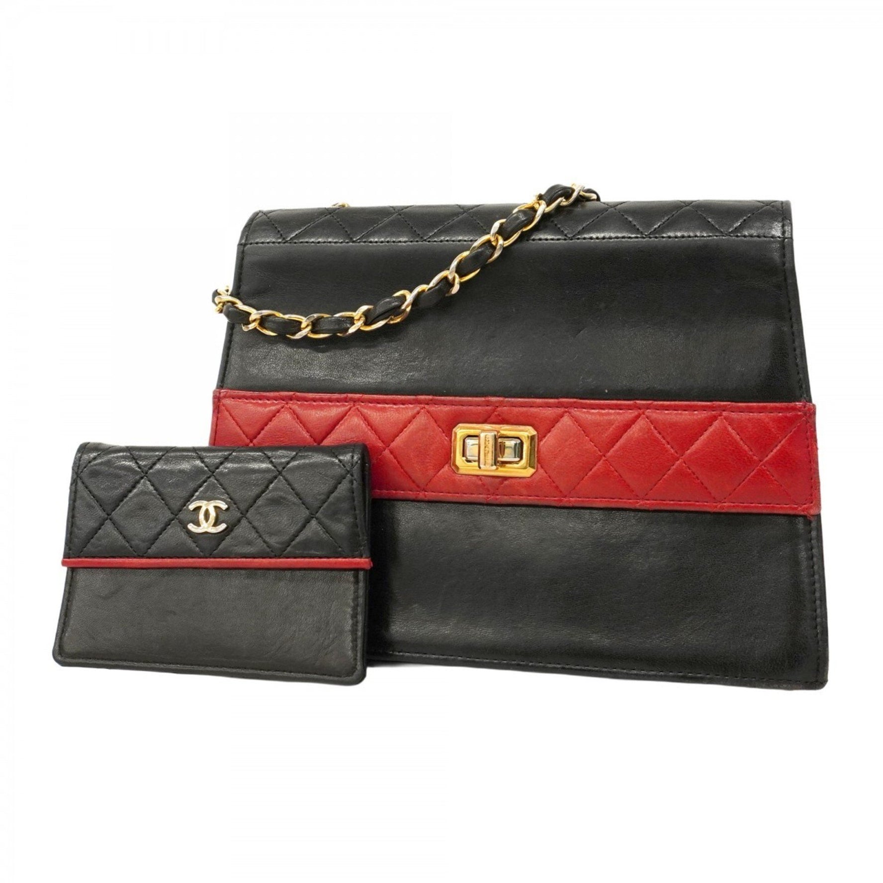 Chanel Matelasse Shoulder Bag with Chain Bag, Lambskin, Black and Red
