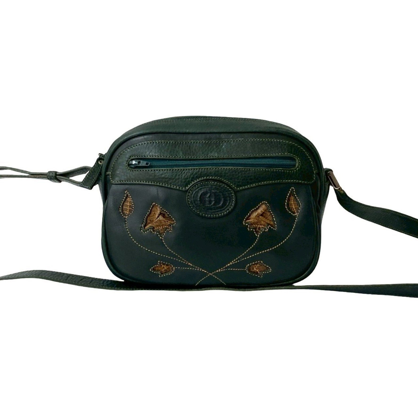 GUCCI Old Gucci GG Logo Leaf Motif Leather Genuine Shoulder Bag Pochette Dark Green