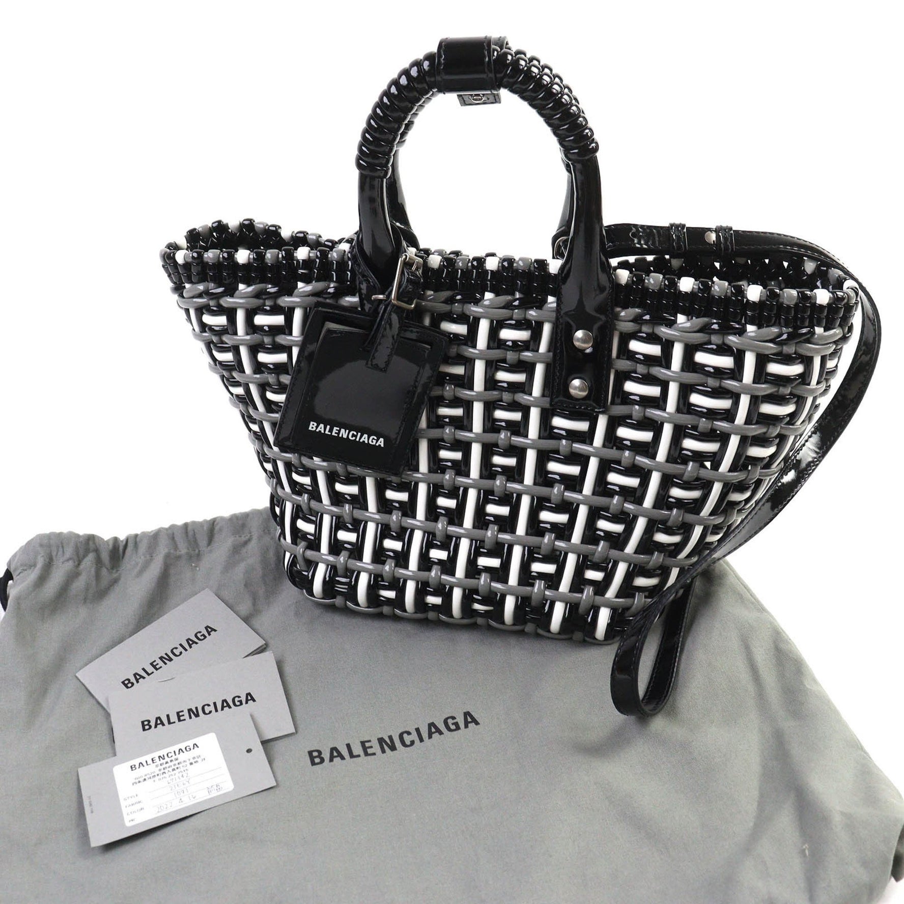 BALENCIAGA Bistro Basket Bag, XS, Enamel, Handbag/Shoulder Black, Gray, White, Includes Dust Made in Italy