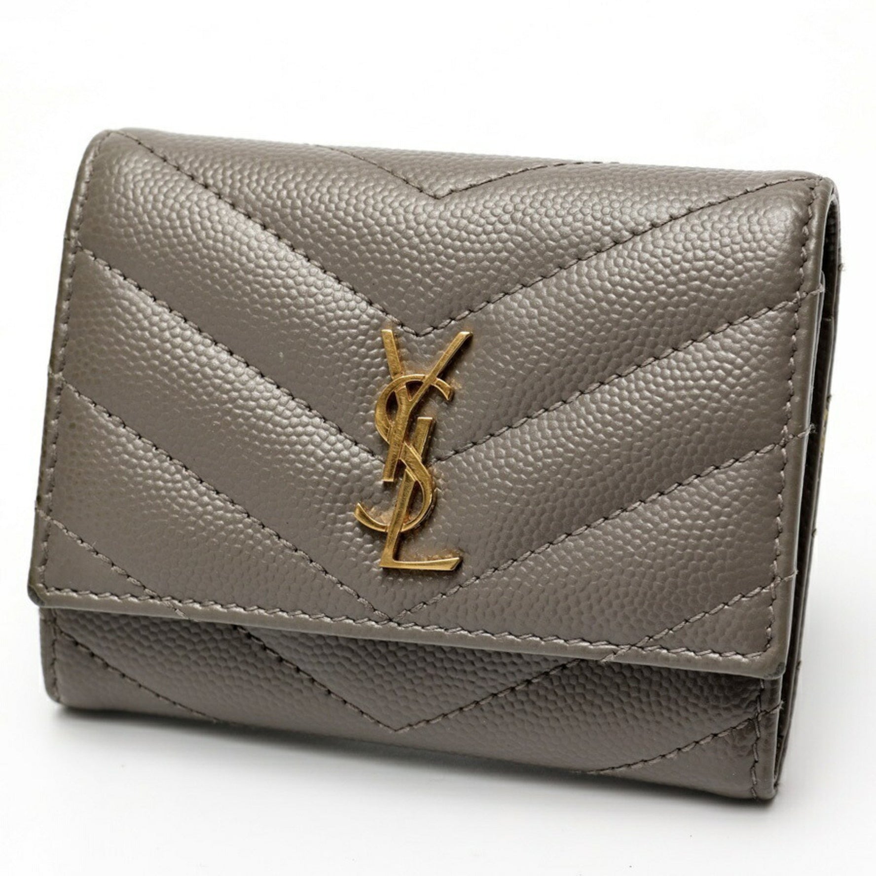 Saint Laurent Cassandra Key Case Grain de Poudre Embossed Leather Grey S-158131