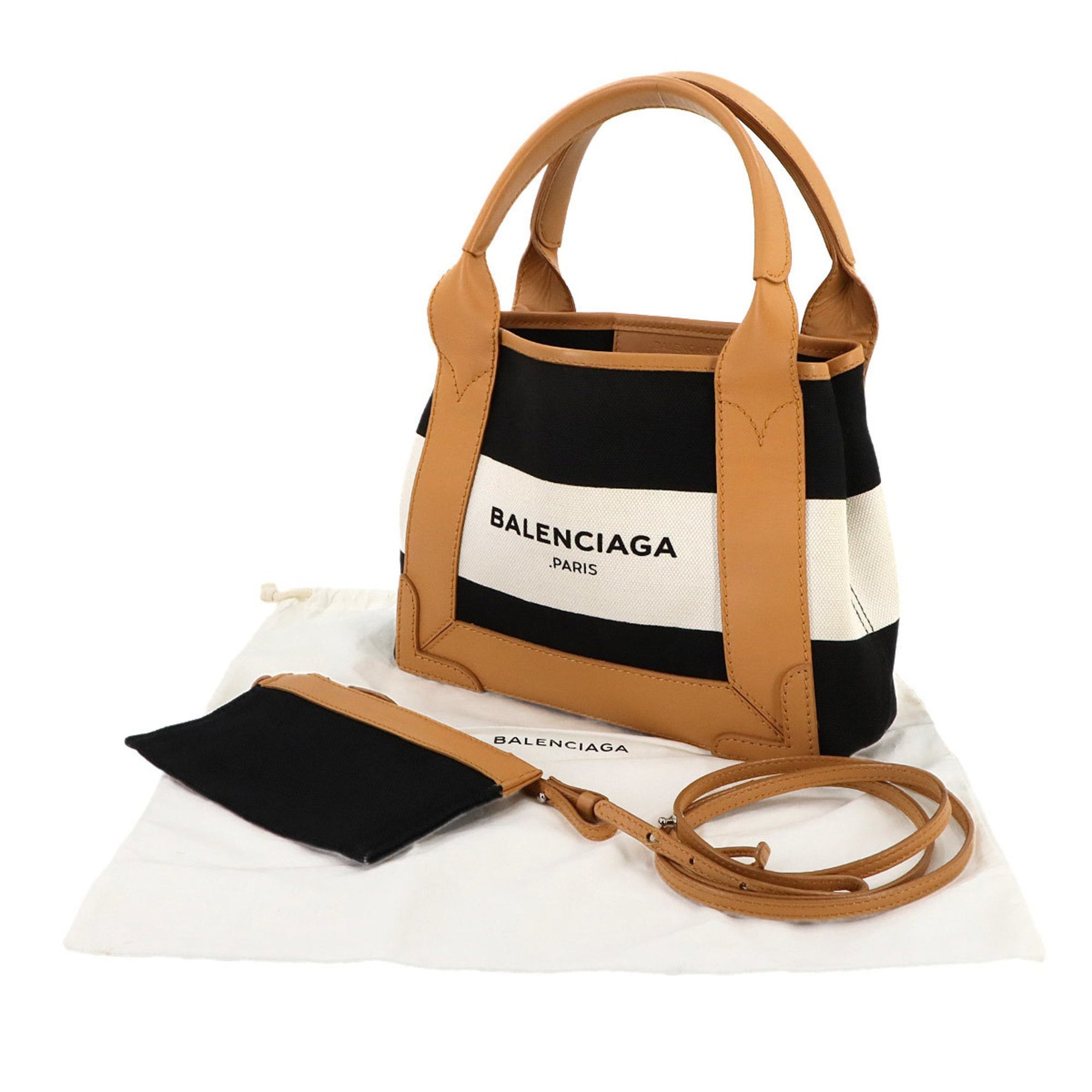 Balenciaga Navy Cabas XS tote/shoulder bag in leather, canvas, black, white, and beige with silver hardware (product number