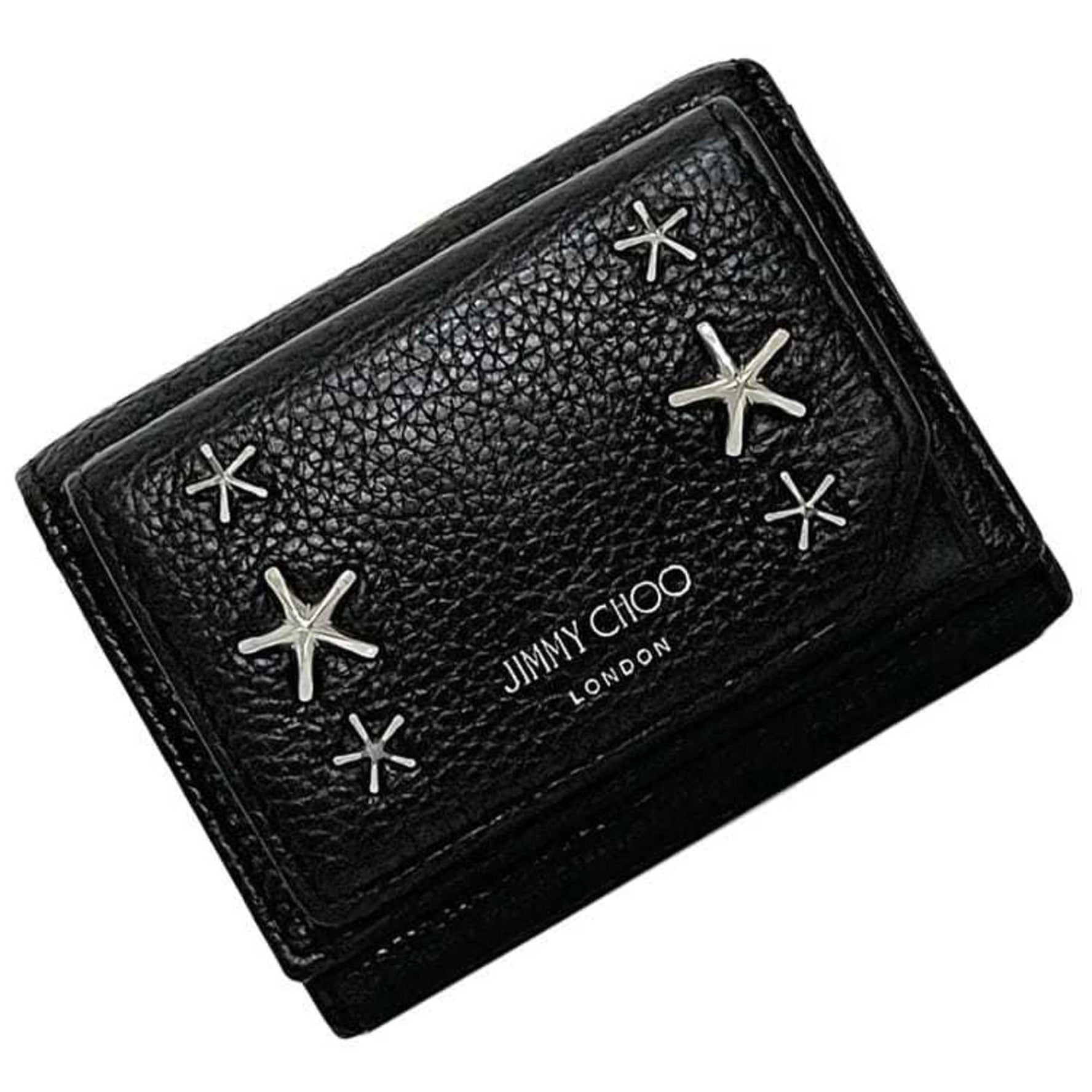 Jimmy Choo Tri-fold Wallet ec-23112 Black Star Studs Leather F7NNY7 JIMMY CHOO Studded Folding Compact Ladies Mini
