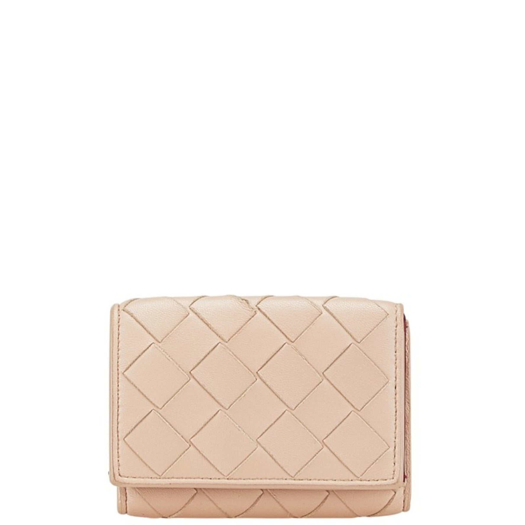 Bottega Veneta Intrecciato Tri-fold Wallet Beige Pink Leather BOTTEGAVENETA