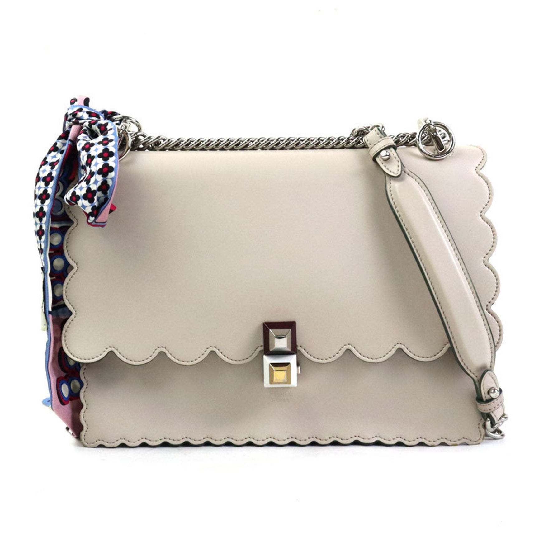FENDI handbag shoulder bag scarf muffler Canai leather silk light gray silver women's 8BT283 OZC e60116a
