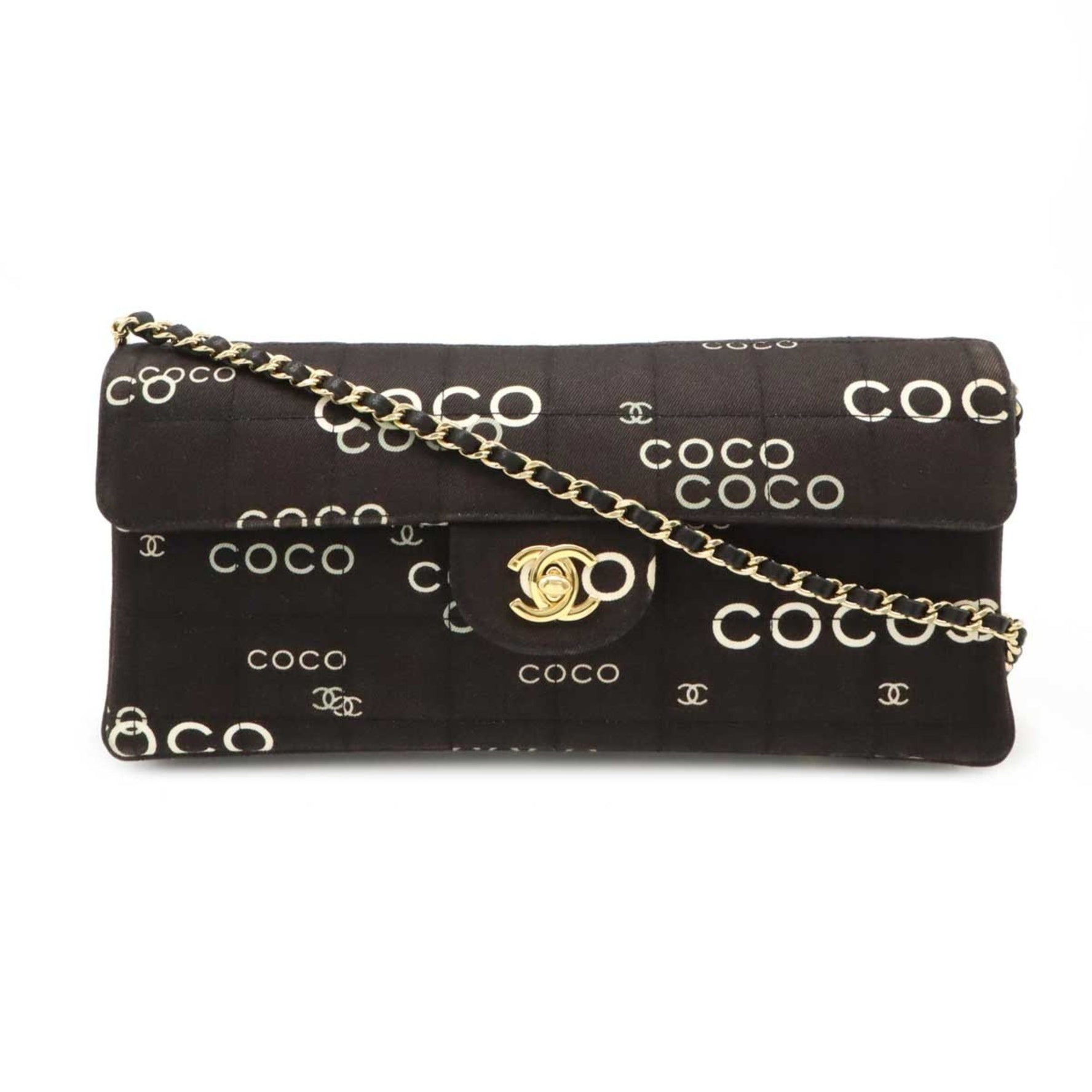 CHANEL Chocolate Bar COCO Print Chain Shoulder Bag Leather Canvas Black