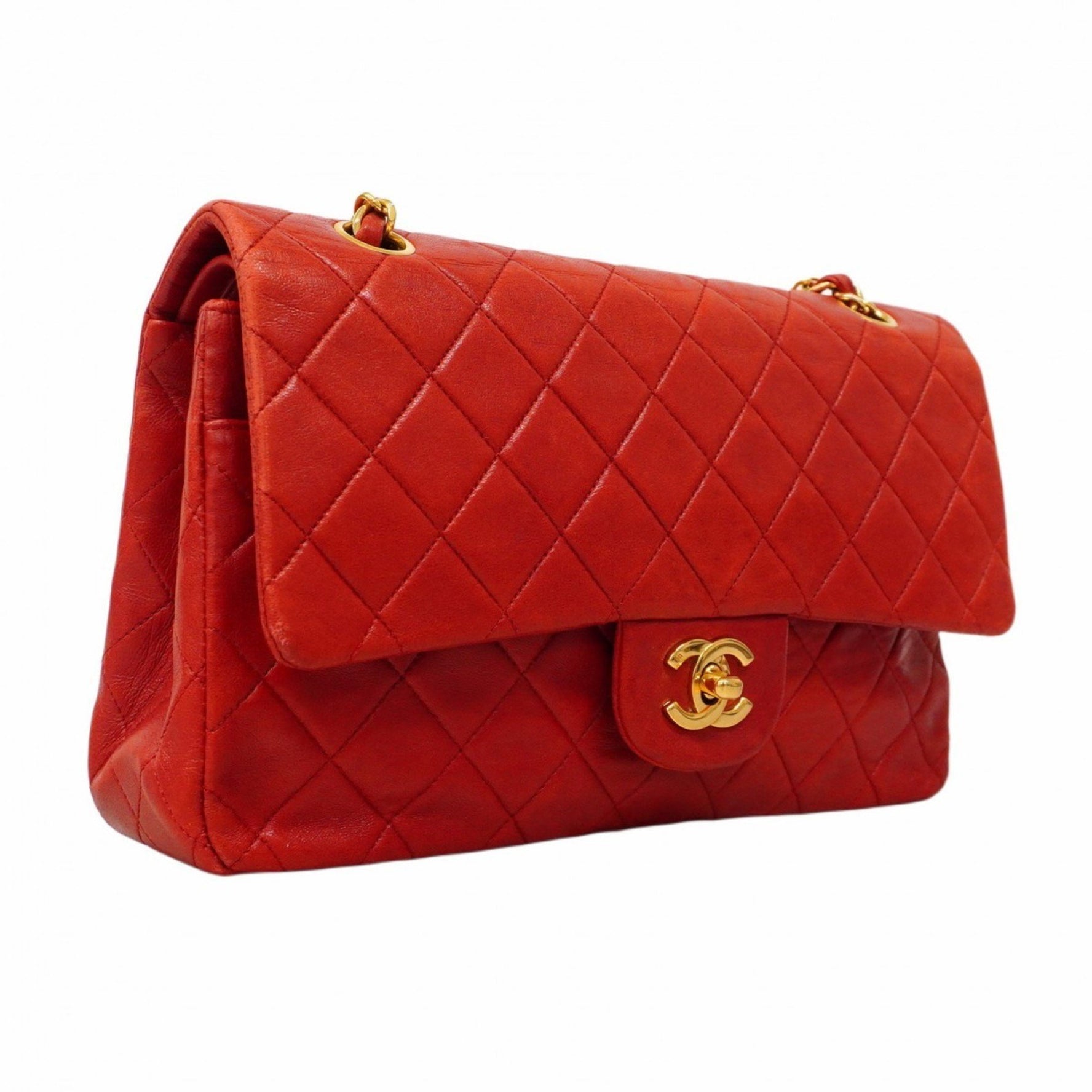 Chanel Matelasse Shoulder Bag with Double Flap and Chain, Lambskin, Red, Women's