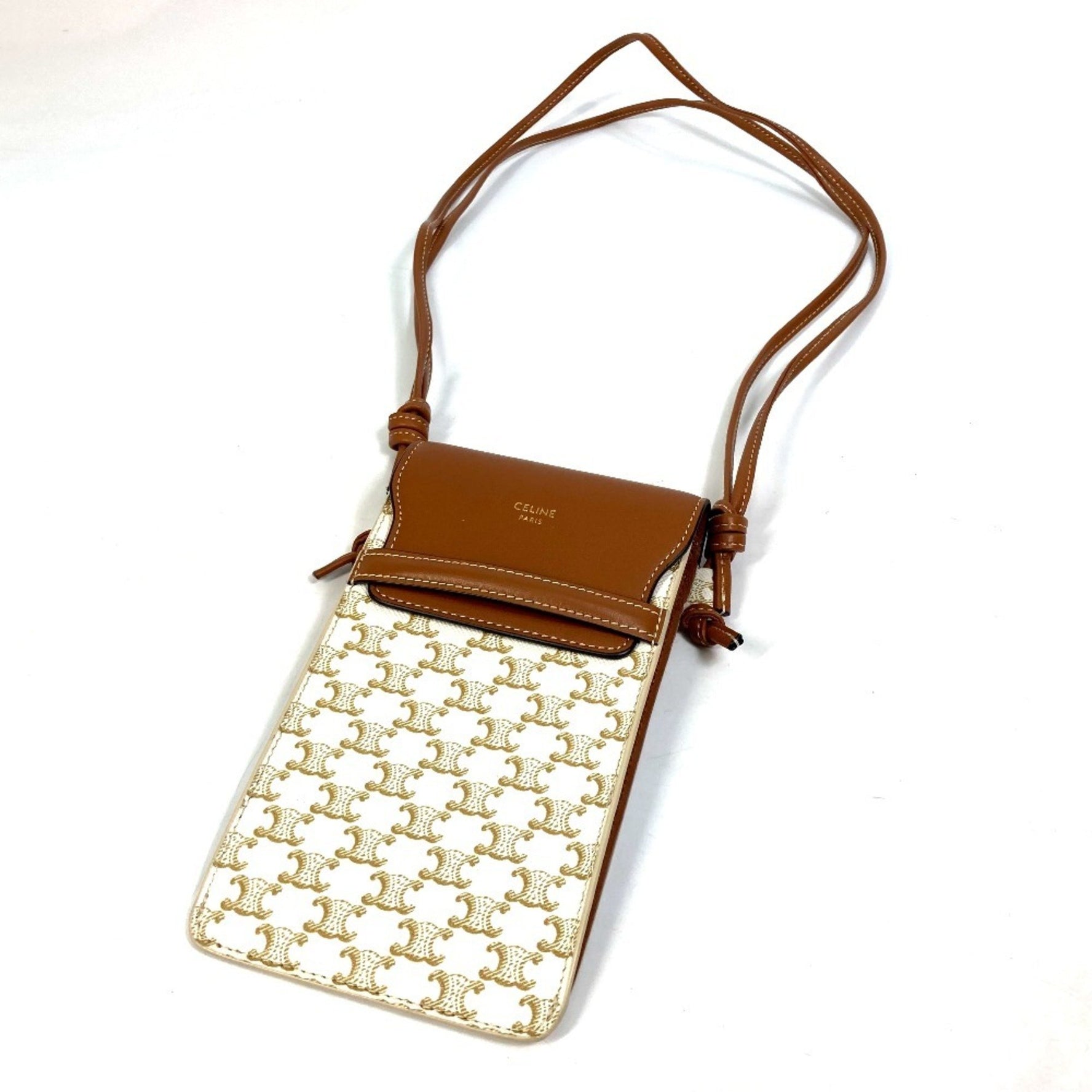 CELINE Triomphe Phone Case/Bail Pouch Shoulder Bag/Pochette Smartphone Case, PVC/Nylon, Beige