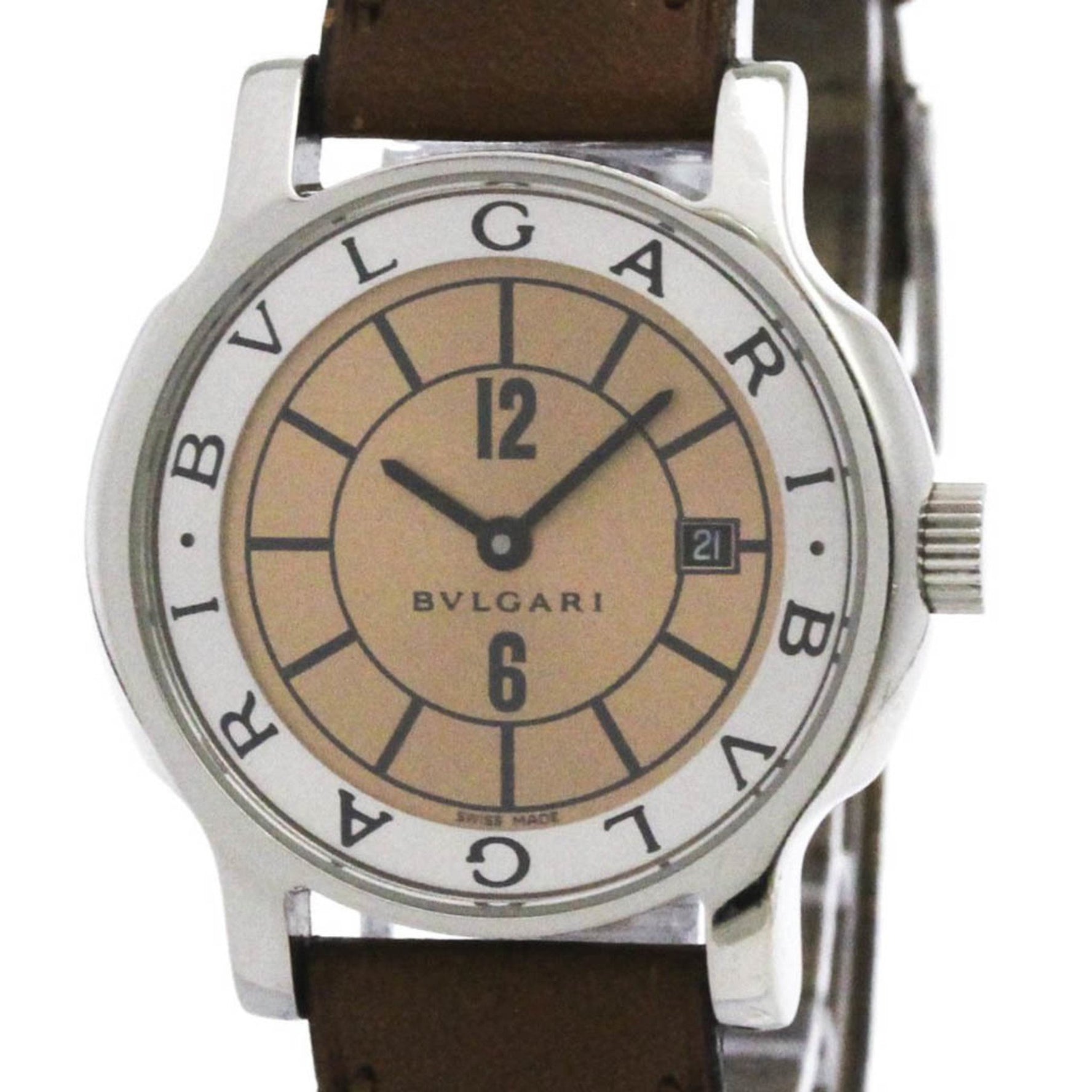 BVLGARI Solotempo Steel Leather Quartz Ladies Watch Polished