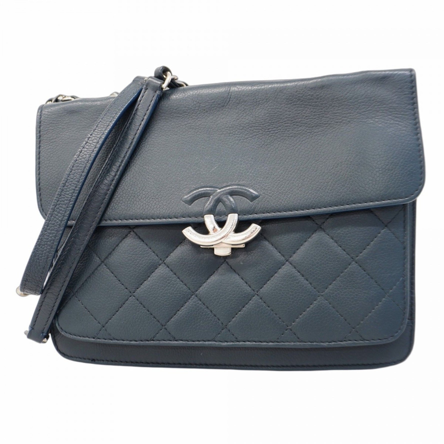 Chanel Shoulder Bag Matelasse W Chain Half Coco Caviar Skin Navy Women's
