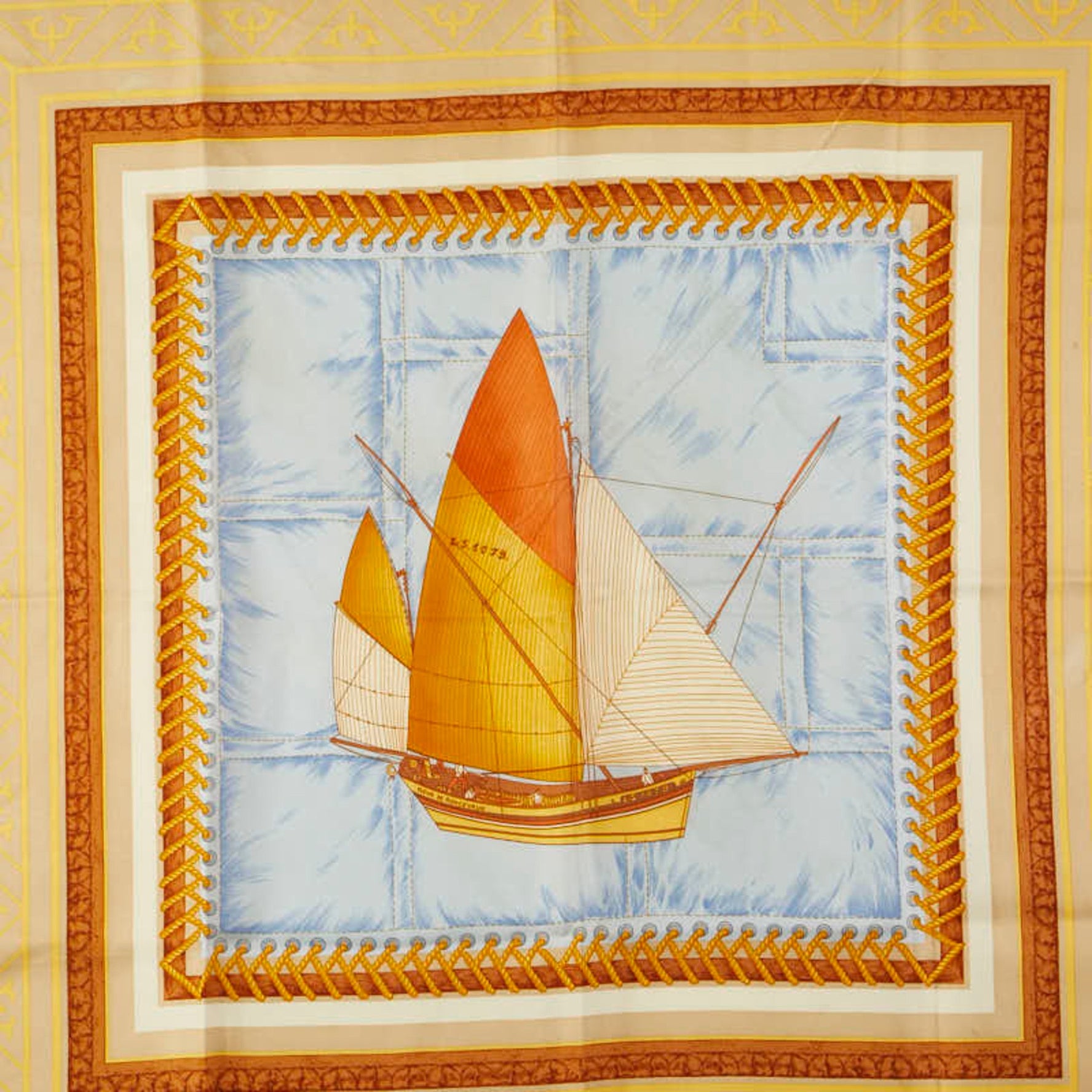 Christian Dior Dior Ship Yacht Motif Scarf, Brown, Blue, Multicolor, Silk
