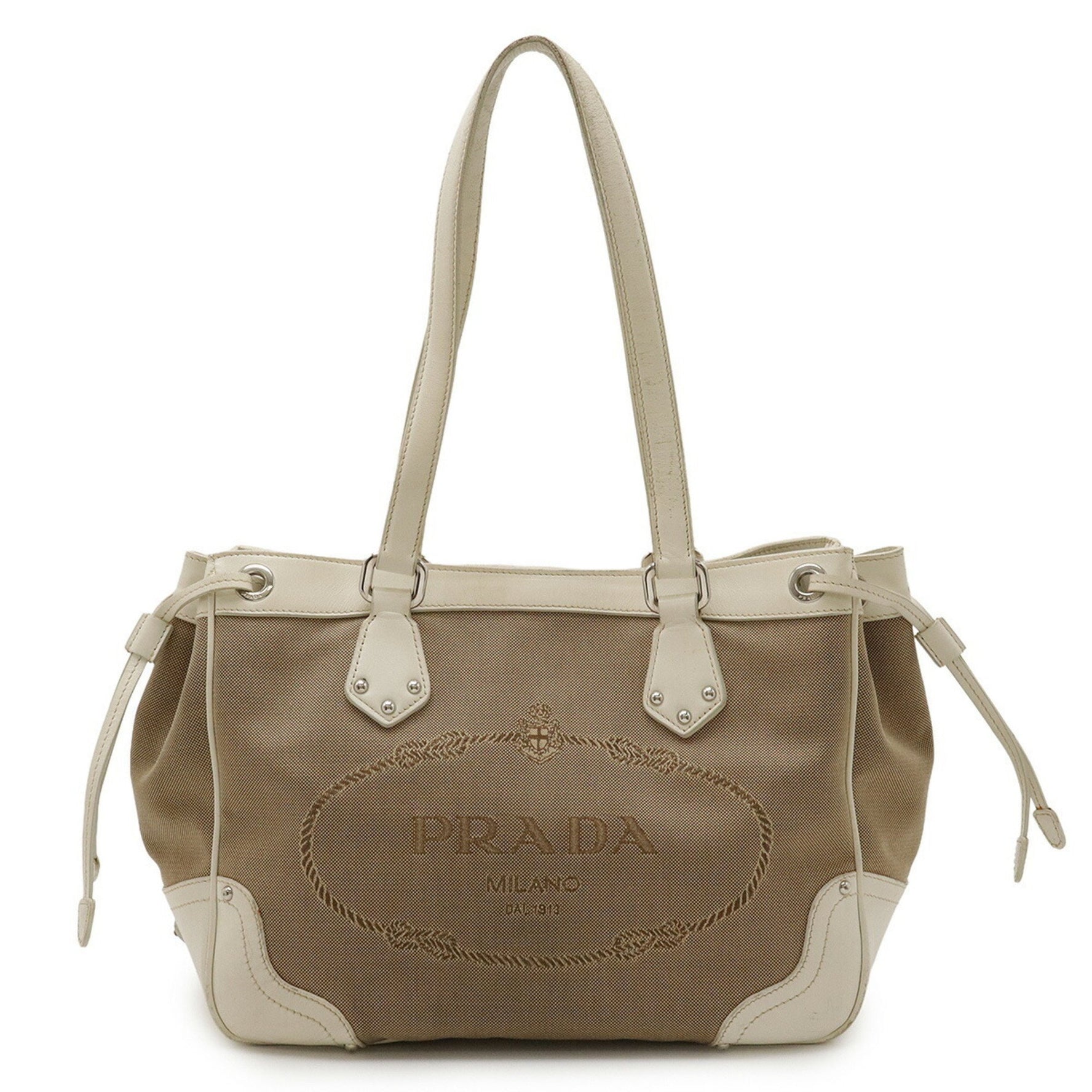 PRADA Jacquard Tote Bag Shoulder Khaki Beige White