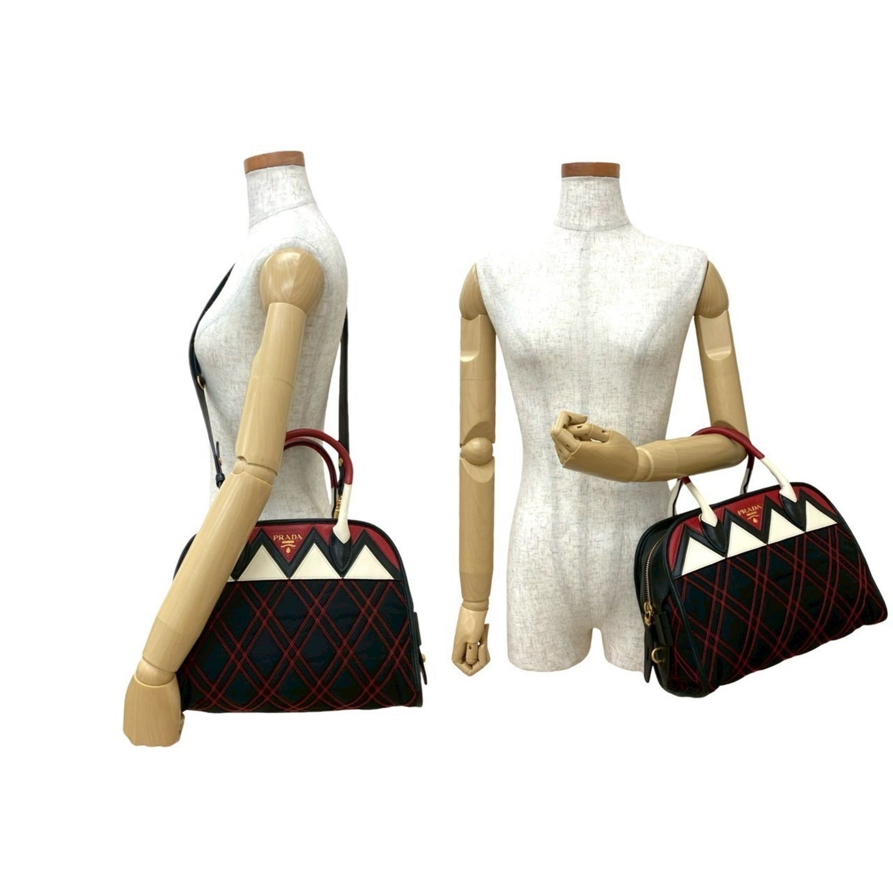 PRADA logo hardware nylon and leather handbag, Boston bag, shoulder black, red, white