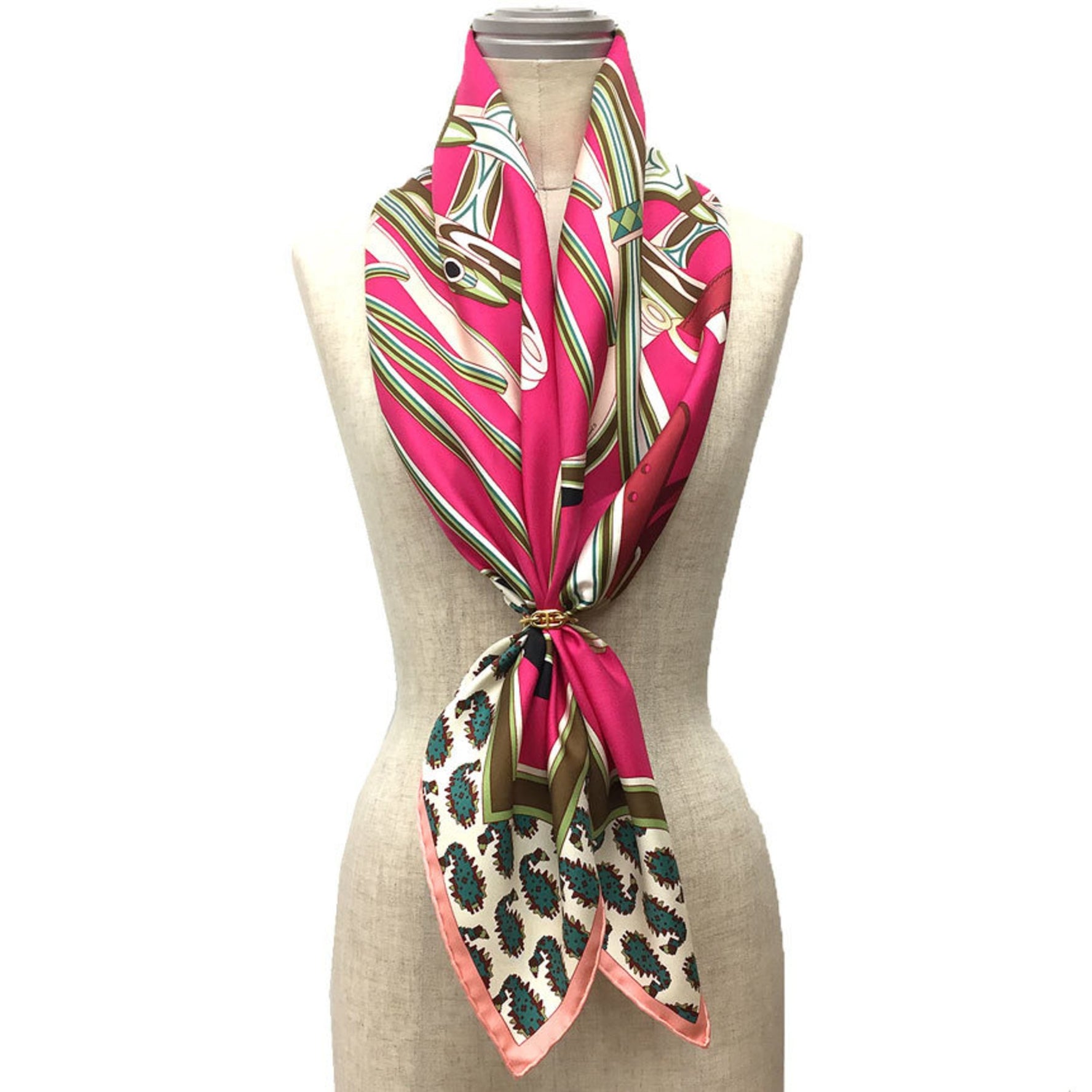 HERMES Carré 90 Silk Scarf "Les Roues de Phaeton" (Carriage Wheel) Pink 100%