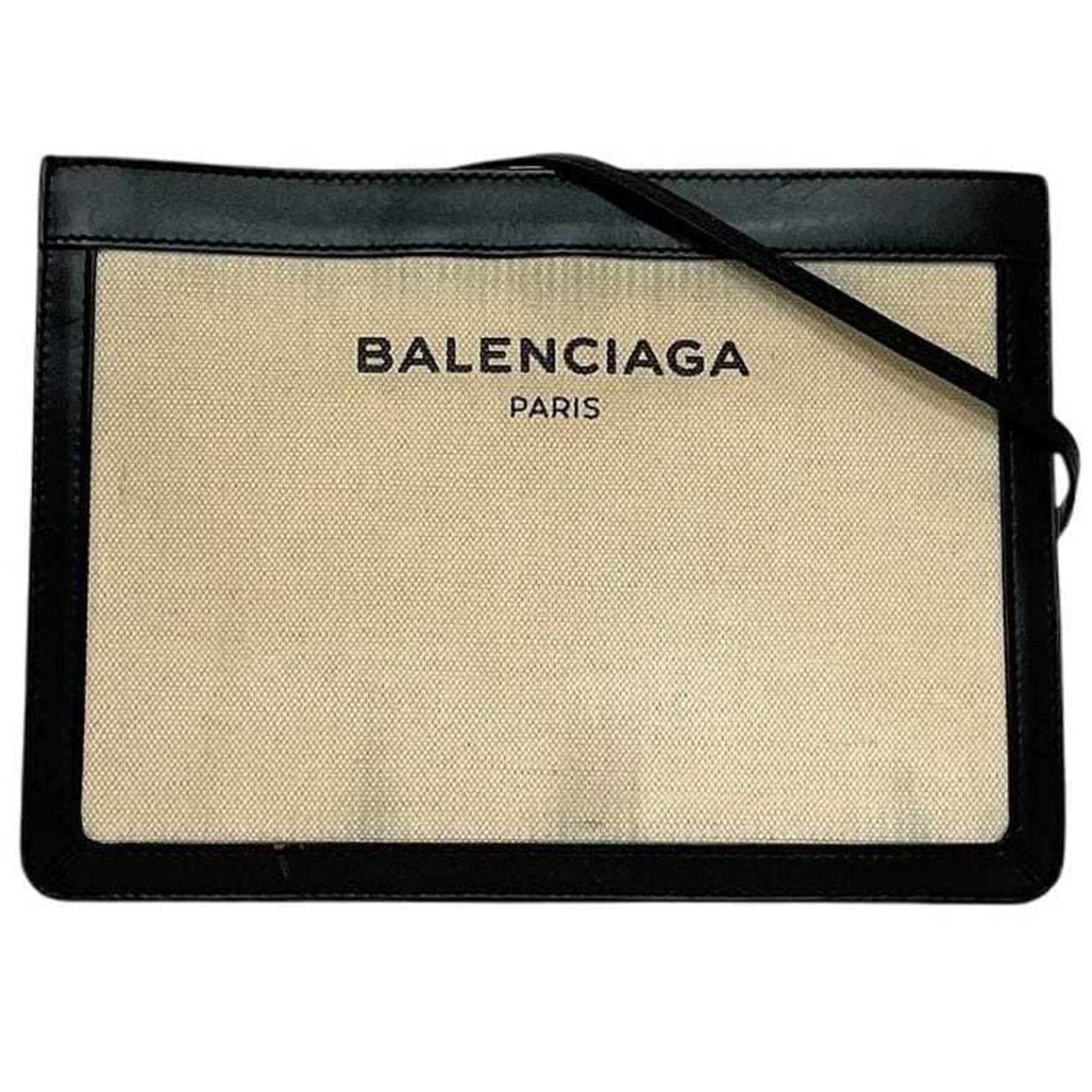Balenciaga Shoulder Bag Navy Pochette Natural Black Crossbody Canvas Leather 1080 A White