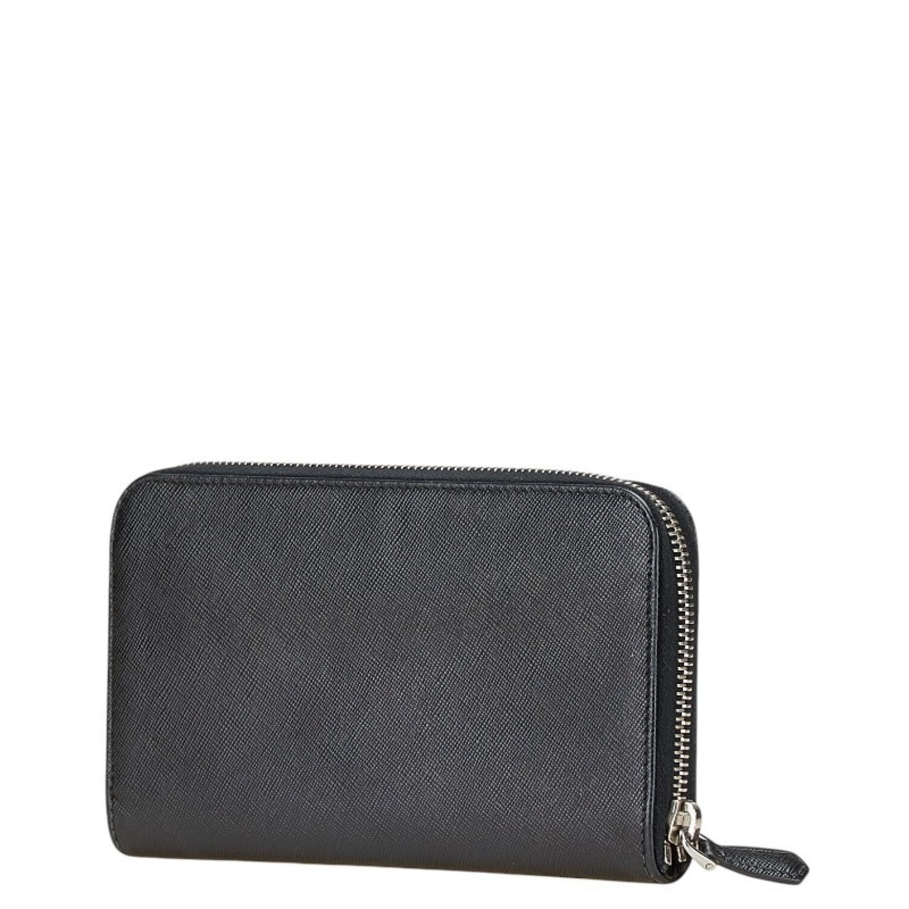 Prada Triangle Logo Plate Long Wallet Round Zipper Black Leather Men's PRADA