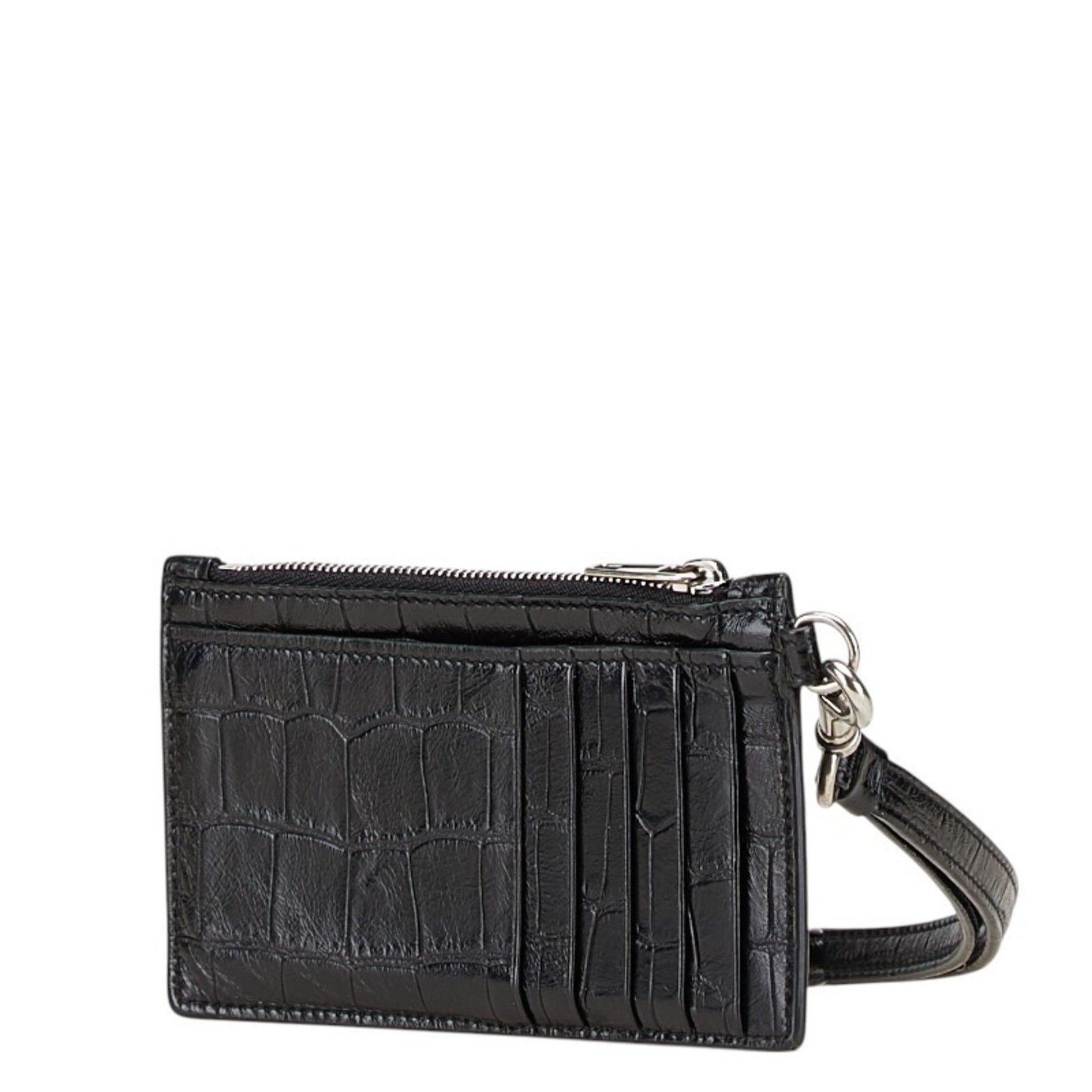 Balenciaga Crocodile Embossed Card Case, Coin and Fragment Case Black Leather Women's BALENCIAGA