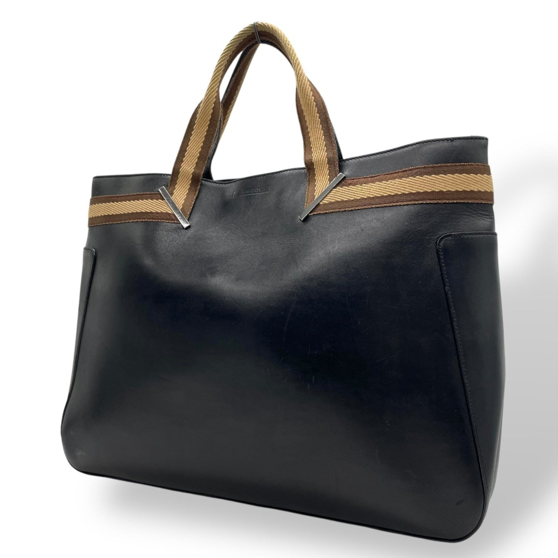 GUCCI Sherry Line Tote Bag, Black Leather, Silver Hardware, Brown and Beige, Magnetic Closure, Men's Women's, K3