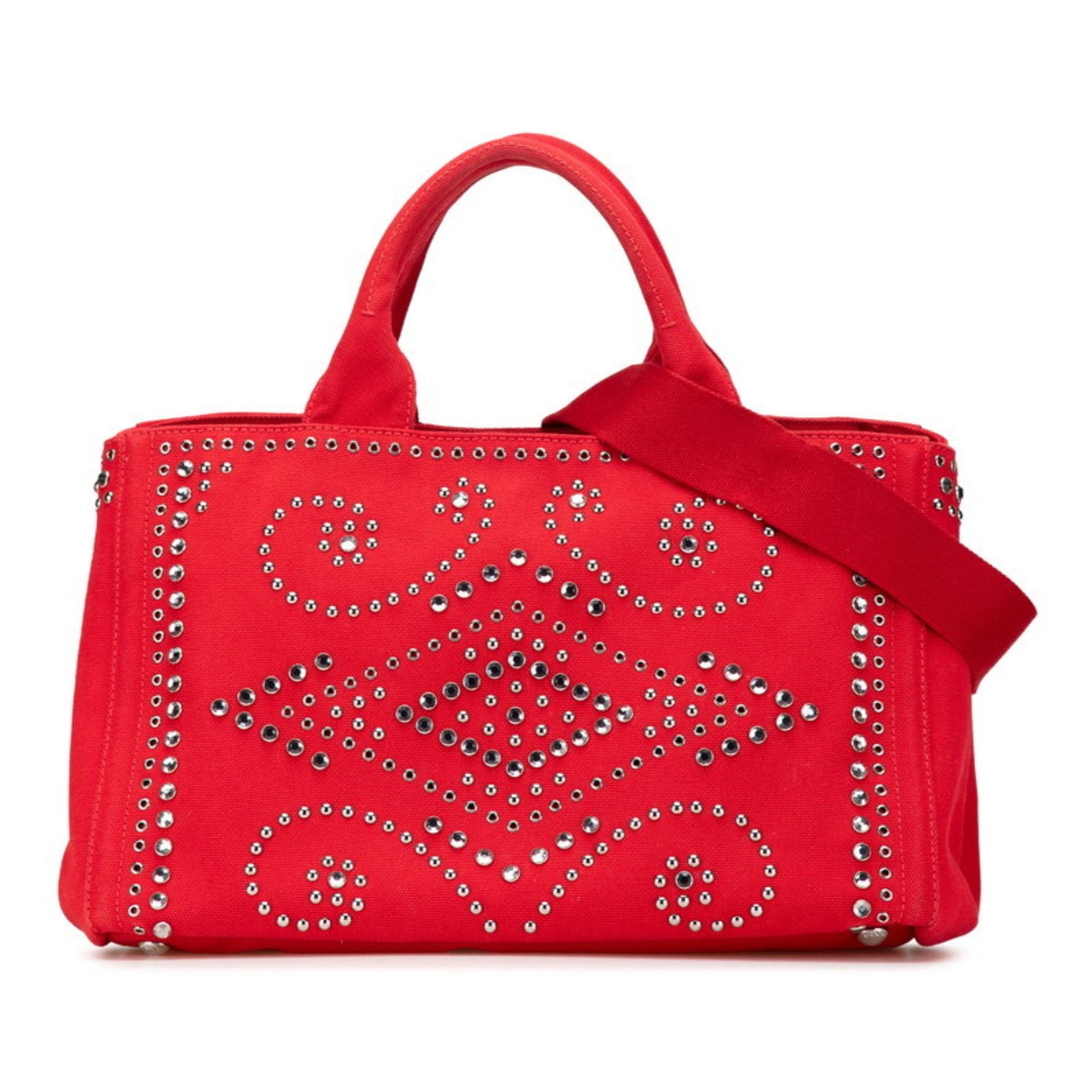 Prada Canapa Studded Beaded Handbag Shoulder Bag Red Canvas Women's PRADA