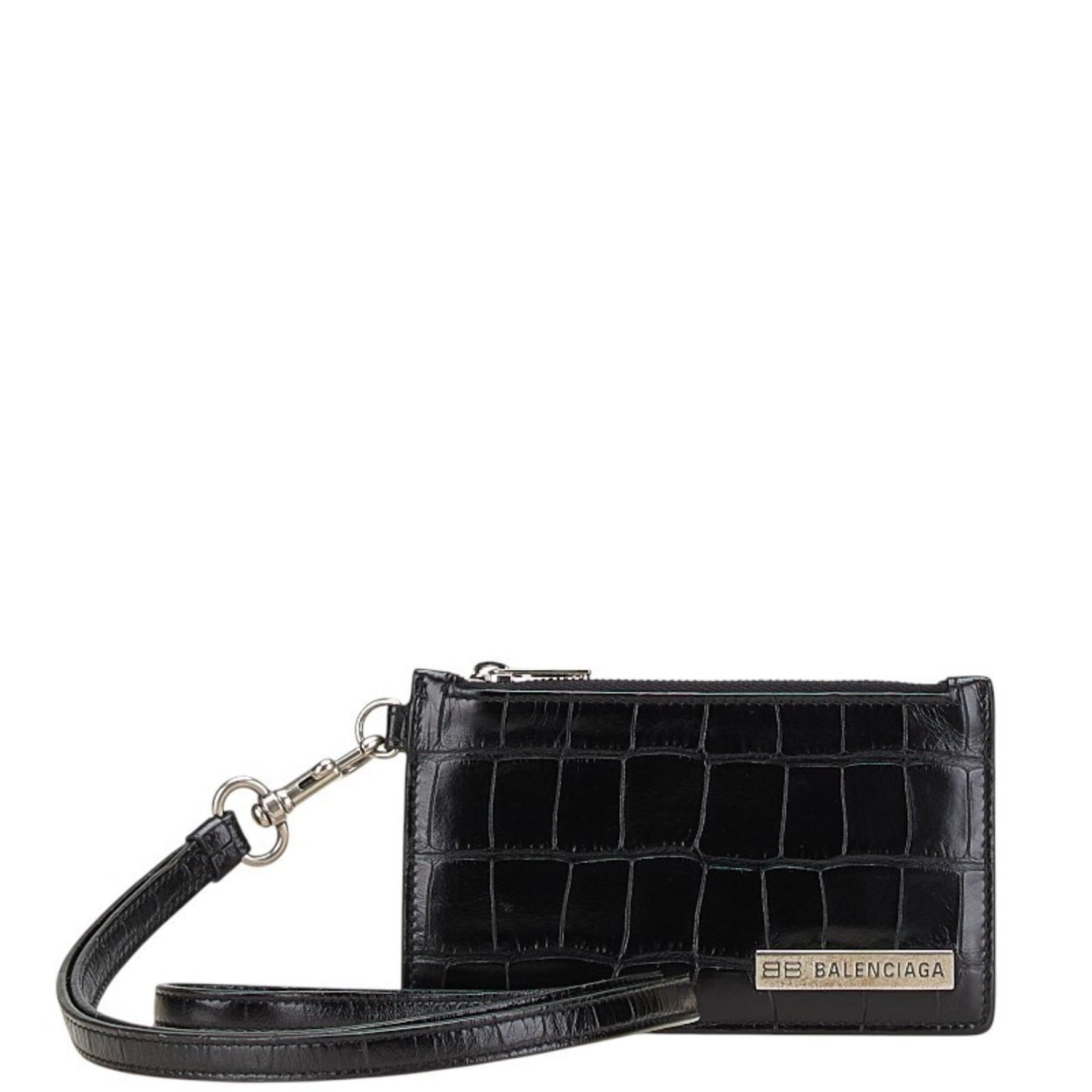 Balenciaga Crocodile Embossed Card Case, Coin and Fragment Case Black Leather Women's BALENCIAGA
