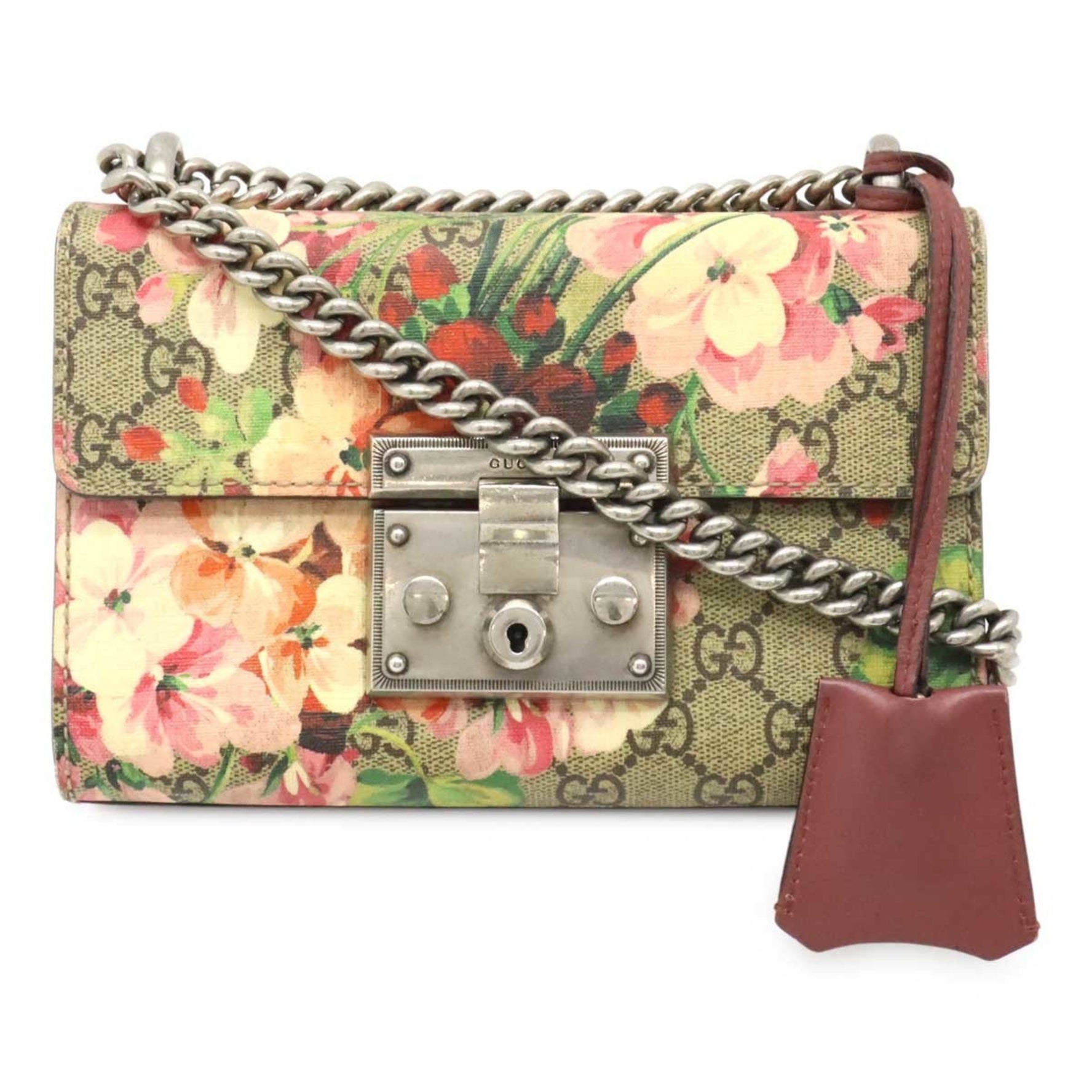 GUCCI GG Blooms Padlock Small Shoulder Bag Chain Flower PVC Beige Pink Multicolor