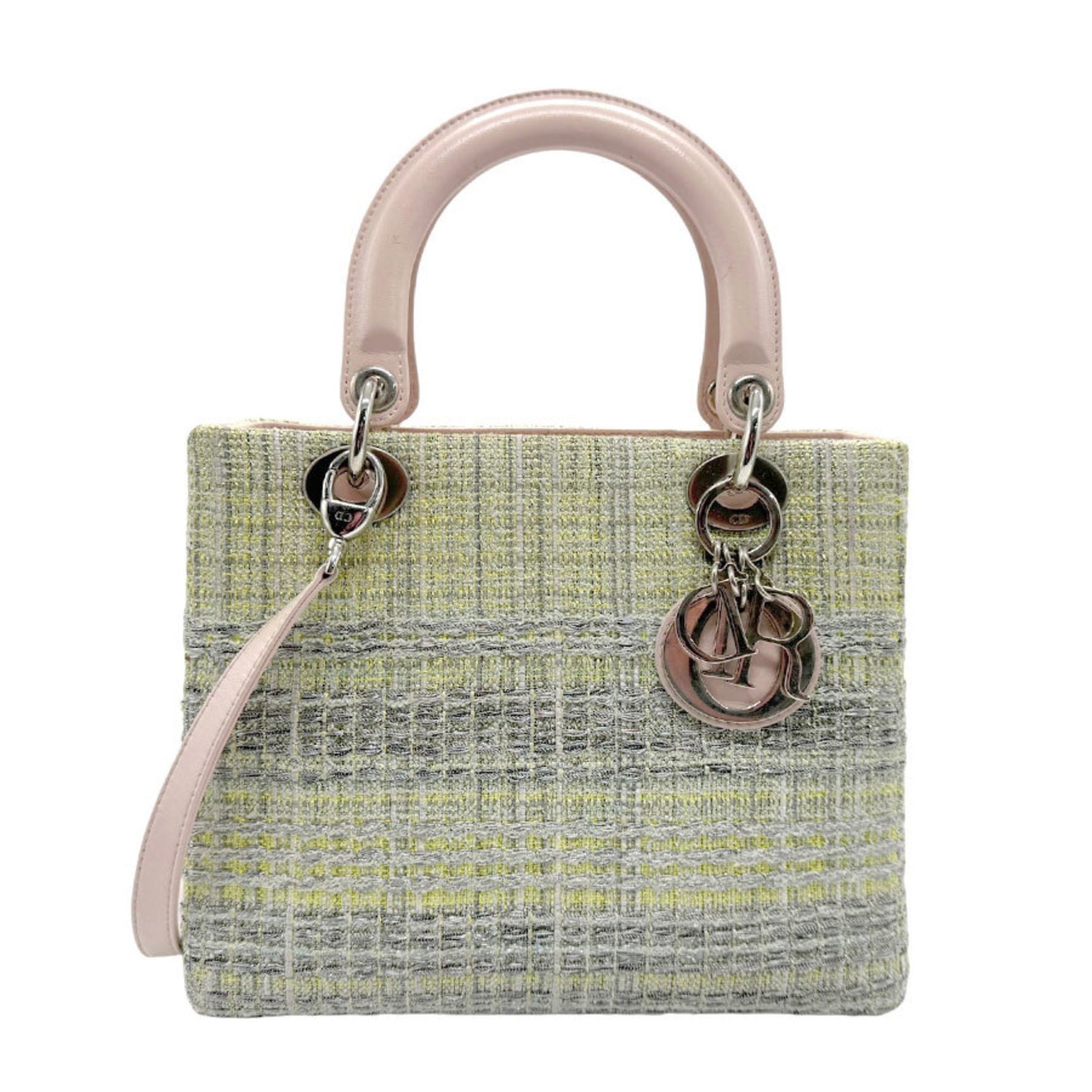 Christian Dior handbag shoulder bag Lady tweed leather green yellow light pink beige silver