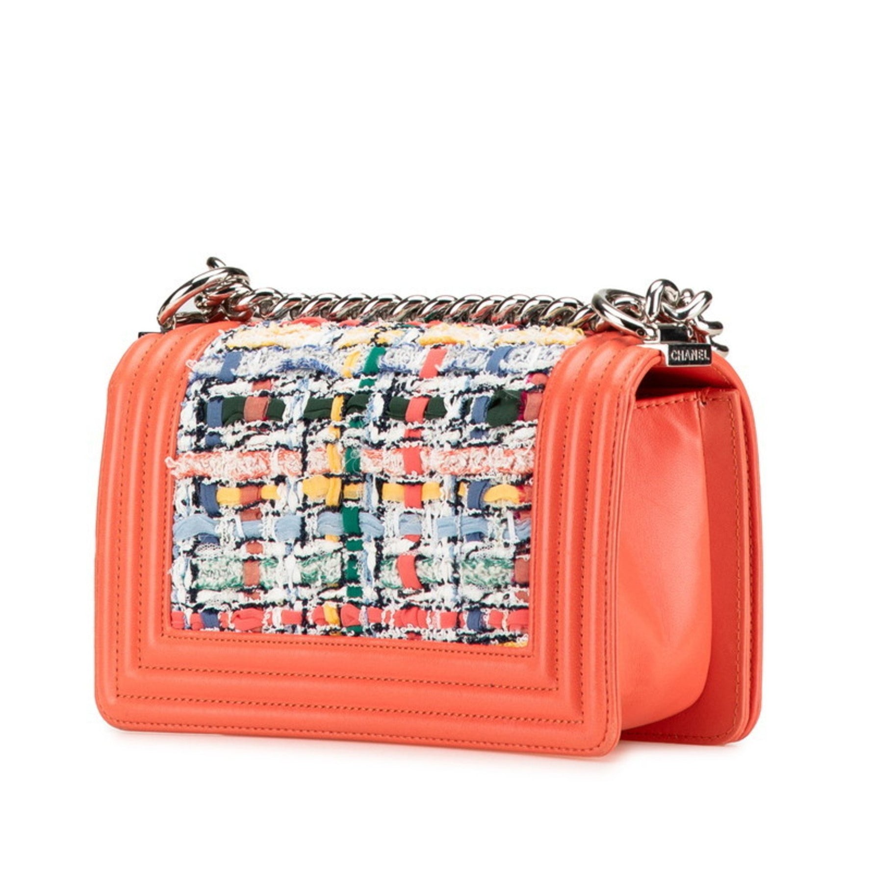 Chanel Boy Coco Mark Chain Shoulder Bag Coral Orange Multicolor Tweed Leather
