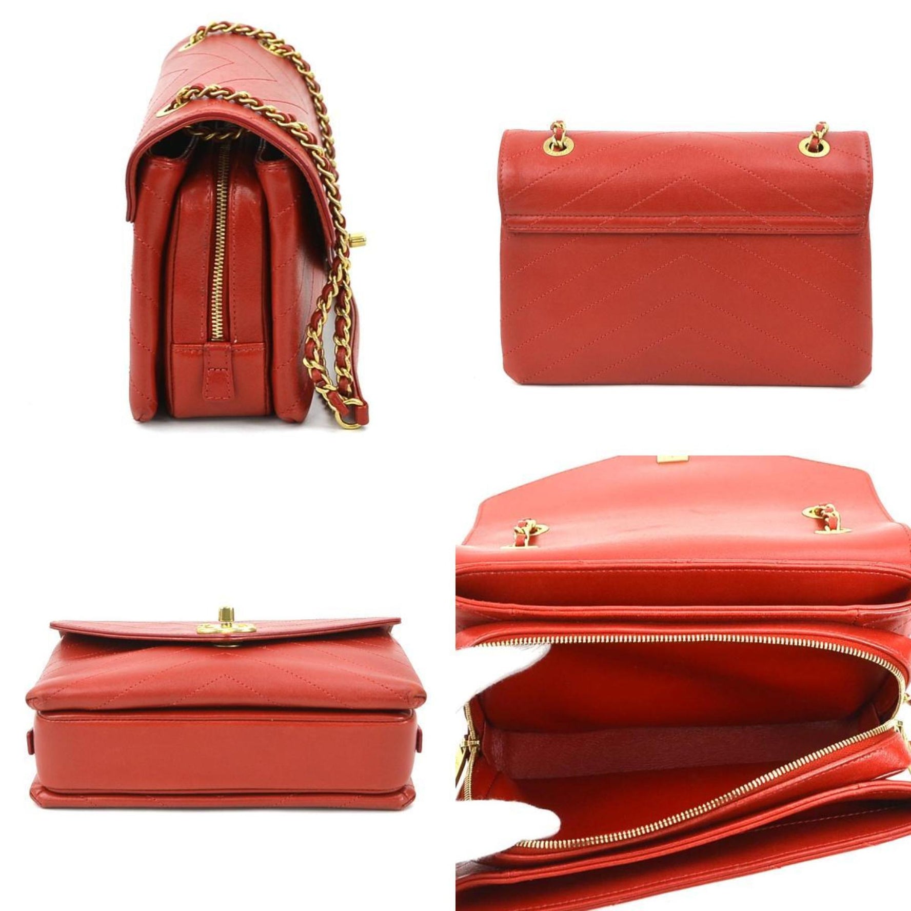 CHANEL Shoulder Bag Chevron Leather Red