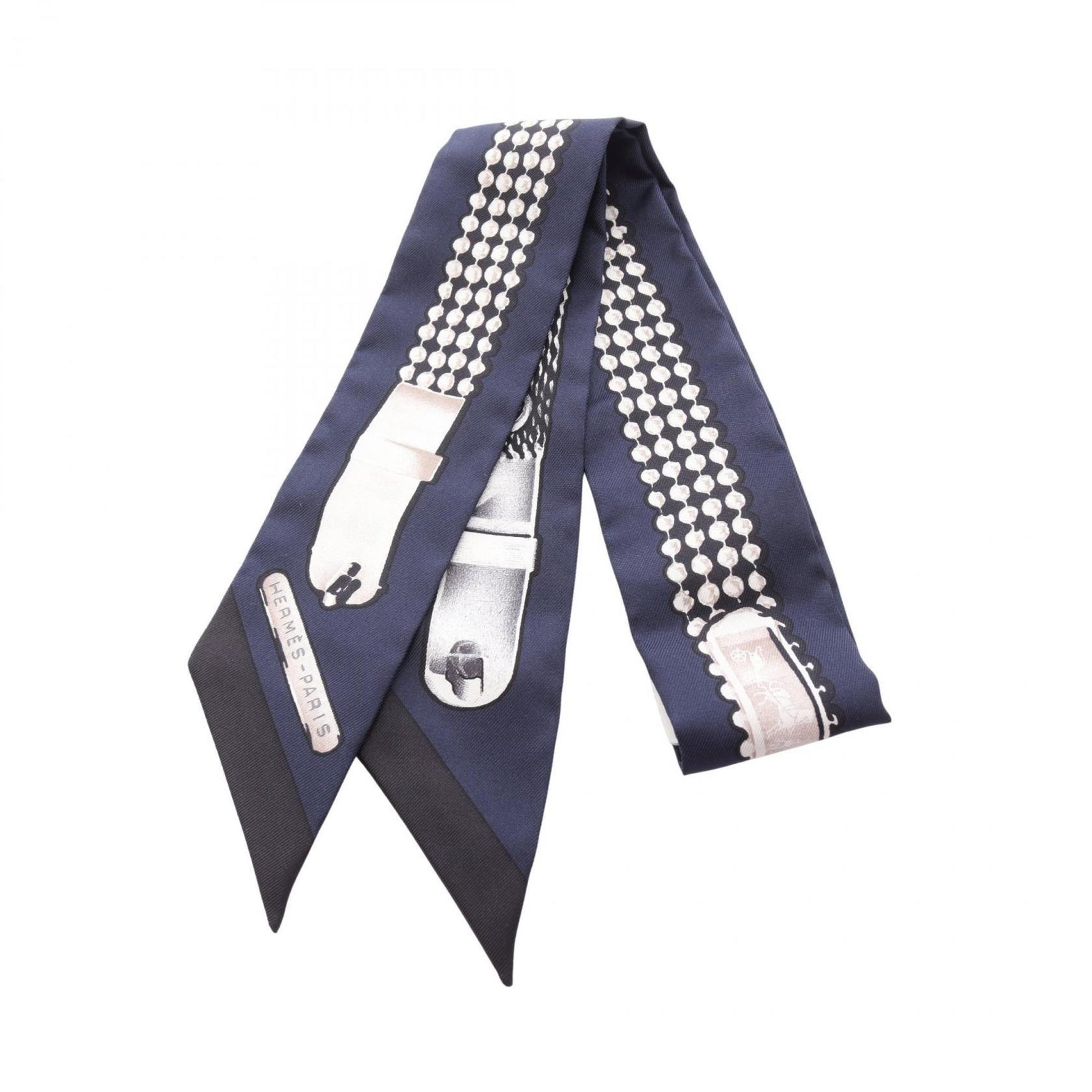 Hermes Hermès Le Tresor de Medor Twilly Silk Scarf in Navy, Black, and White