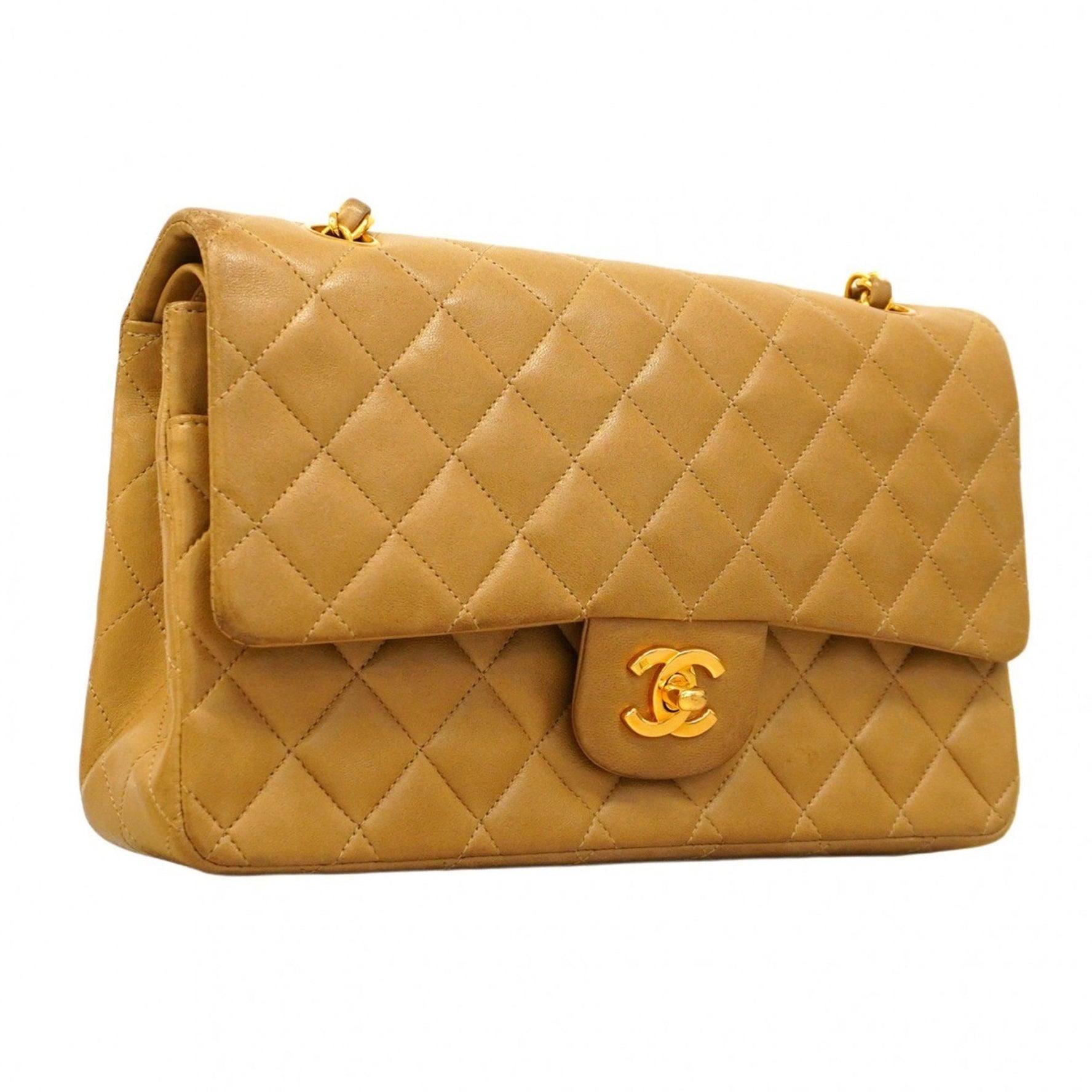 Chanel Matelasse Shoulder Bag with Double Flap and Chain, Lambskin, Beige, Women's
