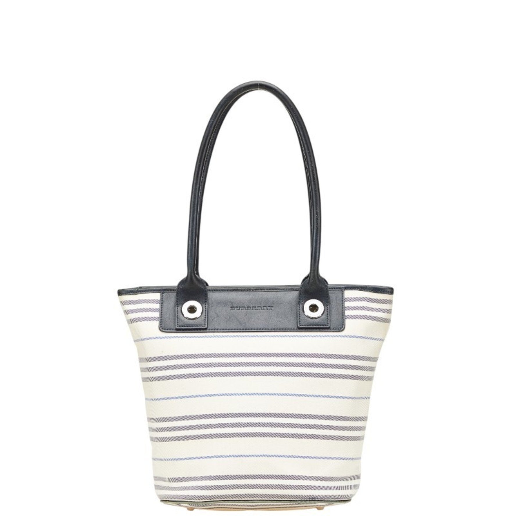 Burberry Border Tote Bag Handbag Ivory Navy Canvas Leather