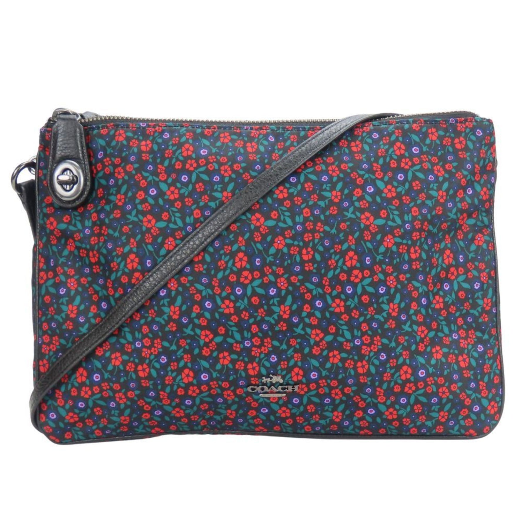 Coach Shoulder Bag Nylon Leather Black Multicolor Flower