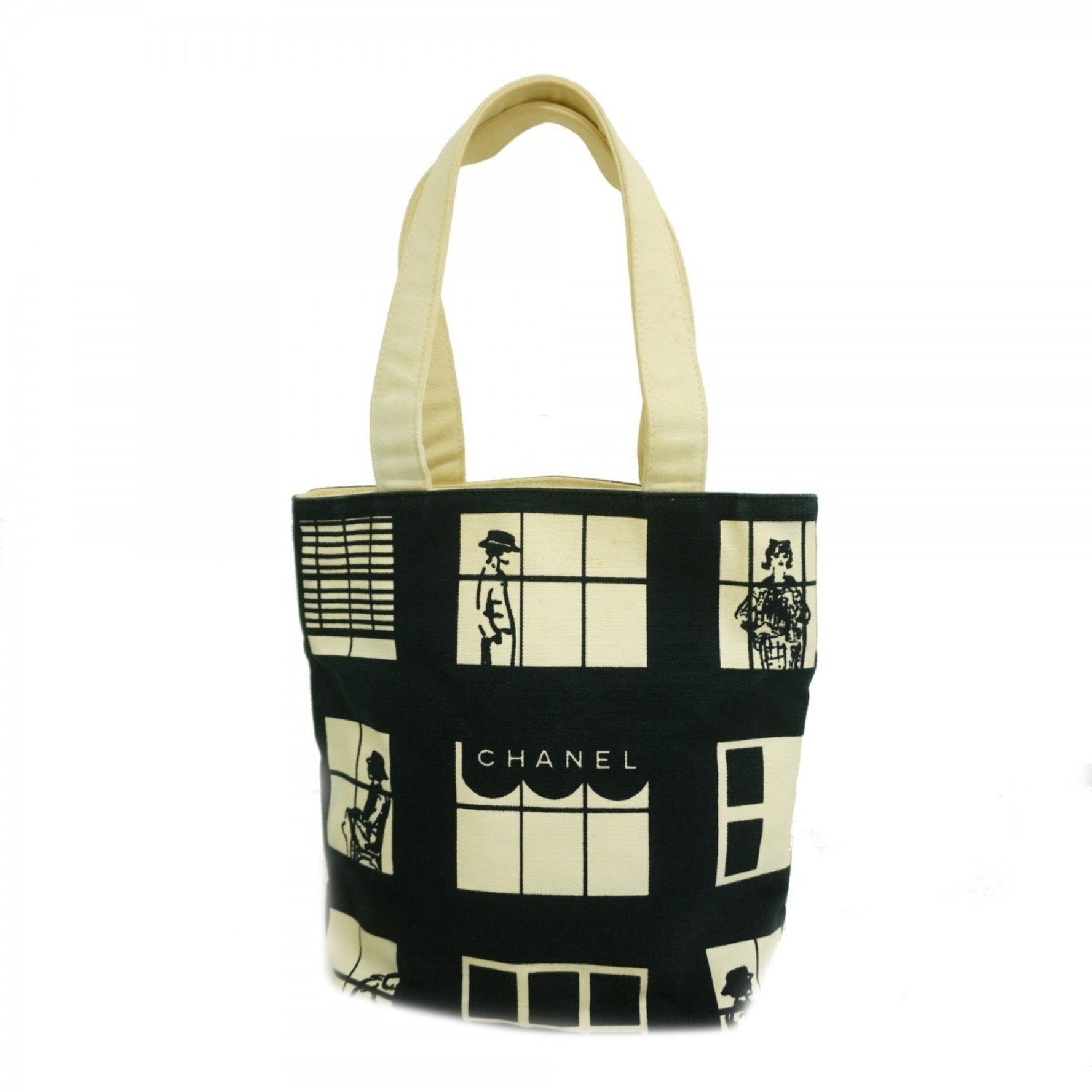Chanel Tote Bag Window Canvas Black White Champagne