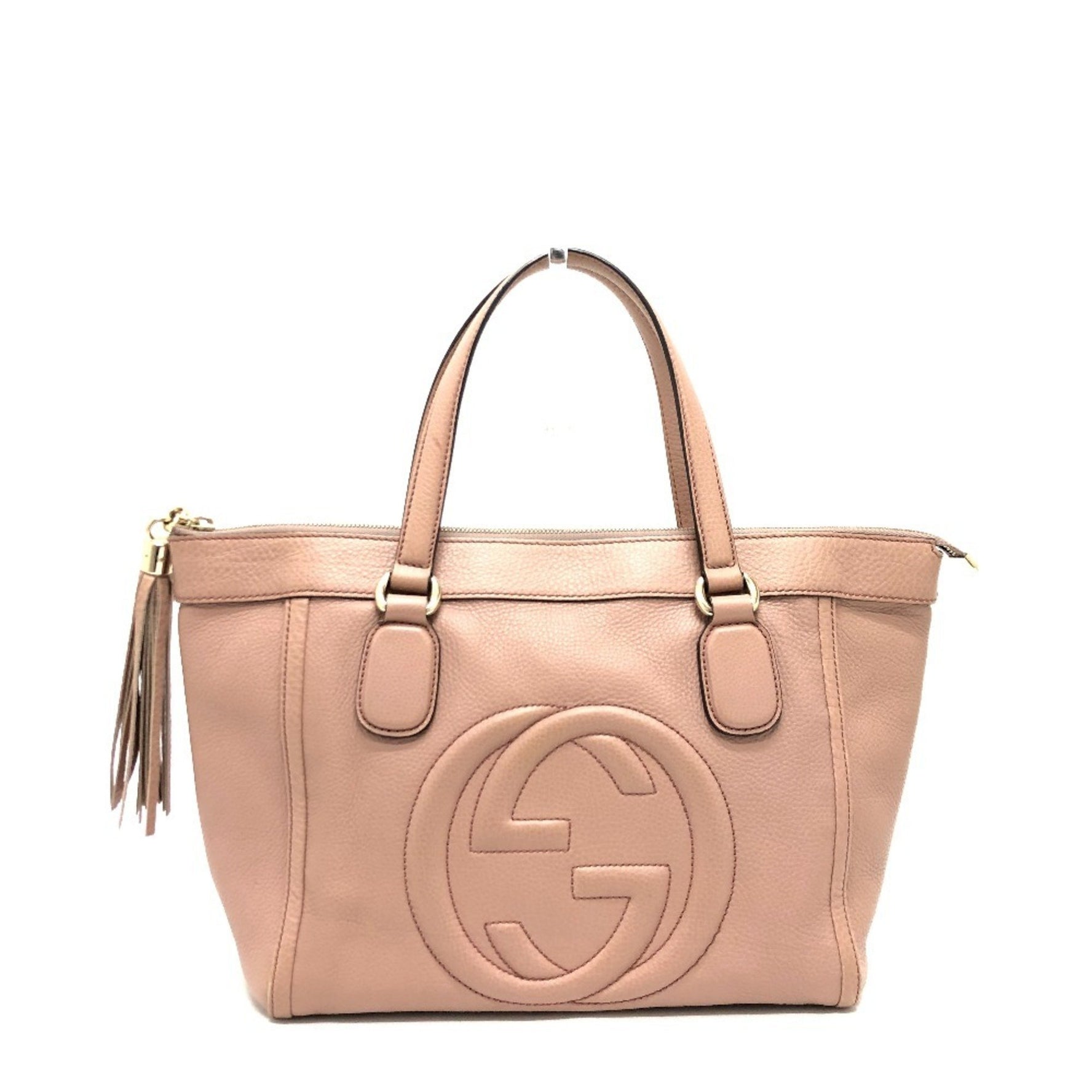 GUCCI Soho Interlocking G Fringe Bag, Leather, Pink Beige