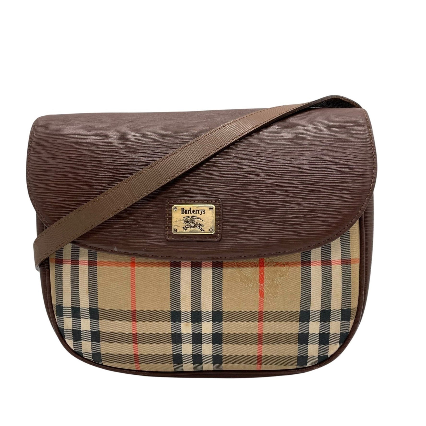 BURBERRY Nova Check Shadow Horse Shoulder Bag with Logo, Brown and Beige Canvas Leather, Crossbody Bag, Vintage, Women's, 13K Gold