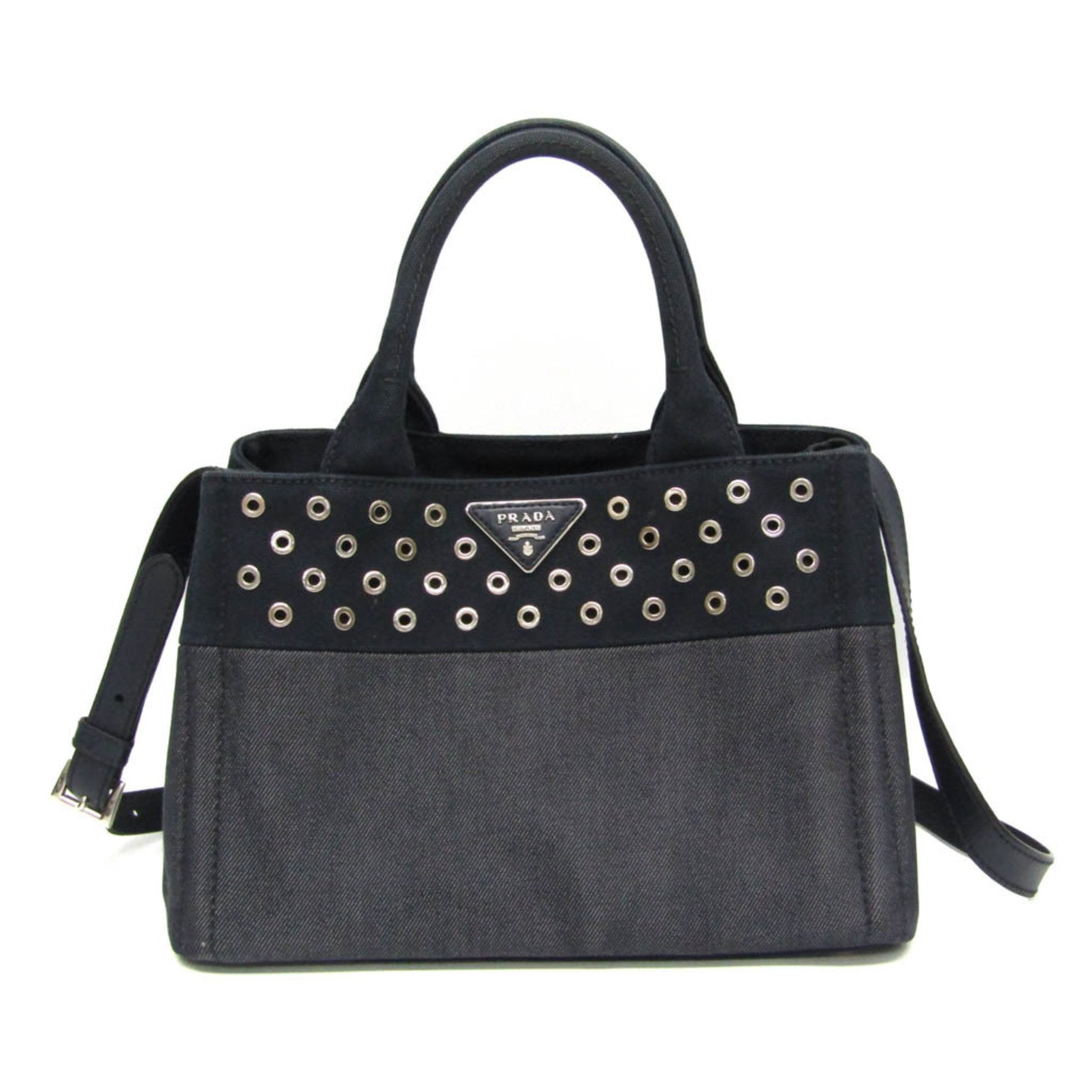 Prada Canapa 1BG439 Women's Denim,Leather Shoulder Bag,Tote Bag Navy