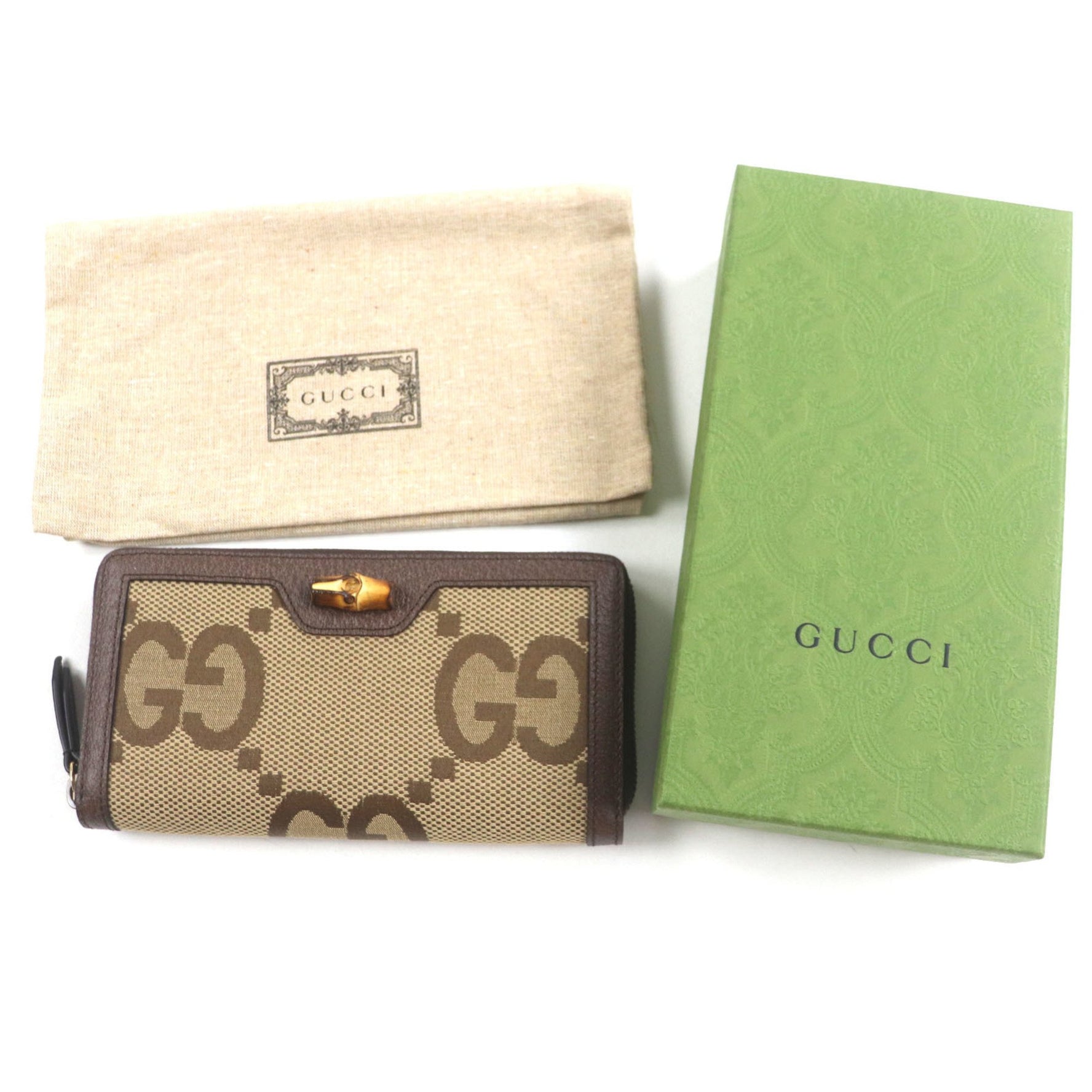 GUCCI Bamboo Jumbo GG Canvas and Leather Round Zip Long Wallet in Beige Brown, Includes Box Dust Bag, Made Italy