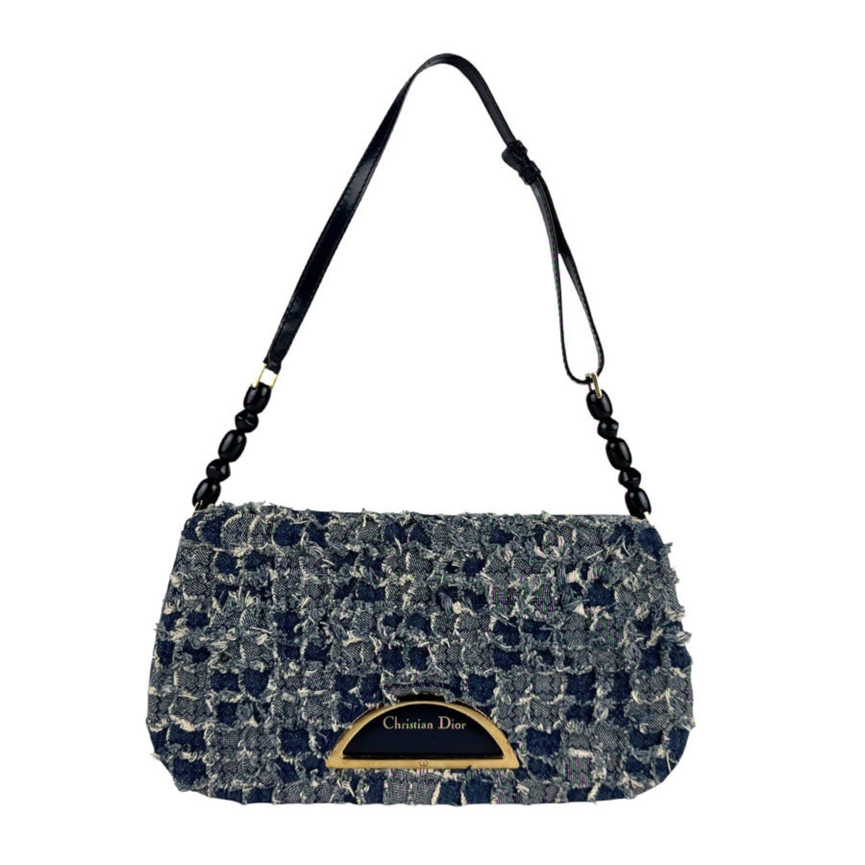 Christian Dior Shoulder Bag, Denim, Leather, Navy Blue, and Gold