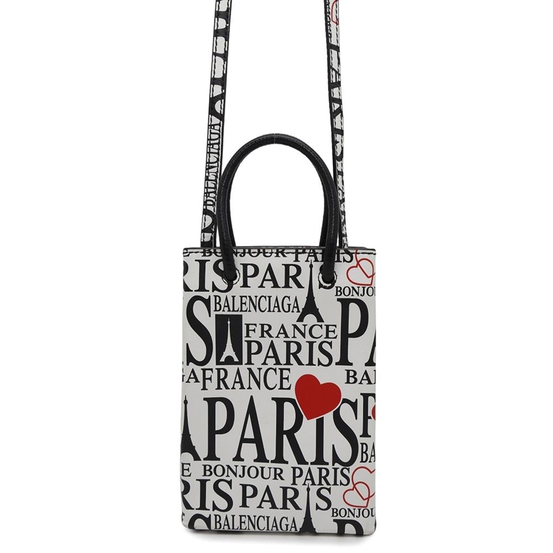 Balenciaga Handbag Bonjour Paris Phone Holder BALENCIAGA White Black Heart