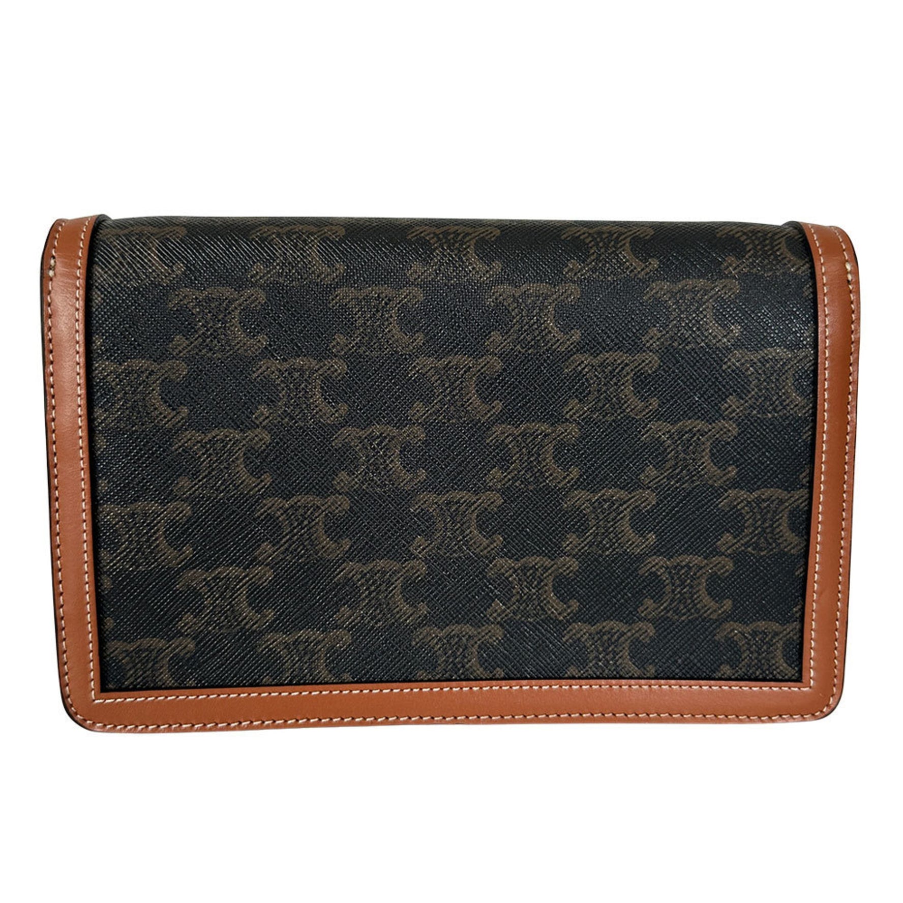 Celine Triomphe shoulder bag, dark brown, compact mini with logo and perfume included.