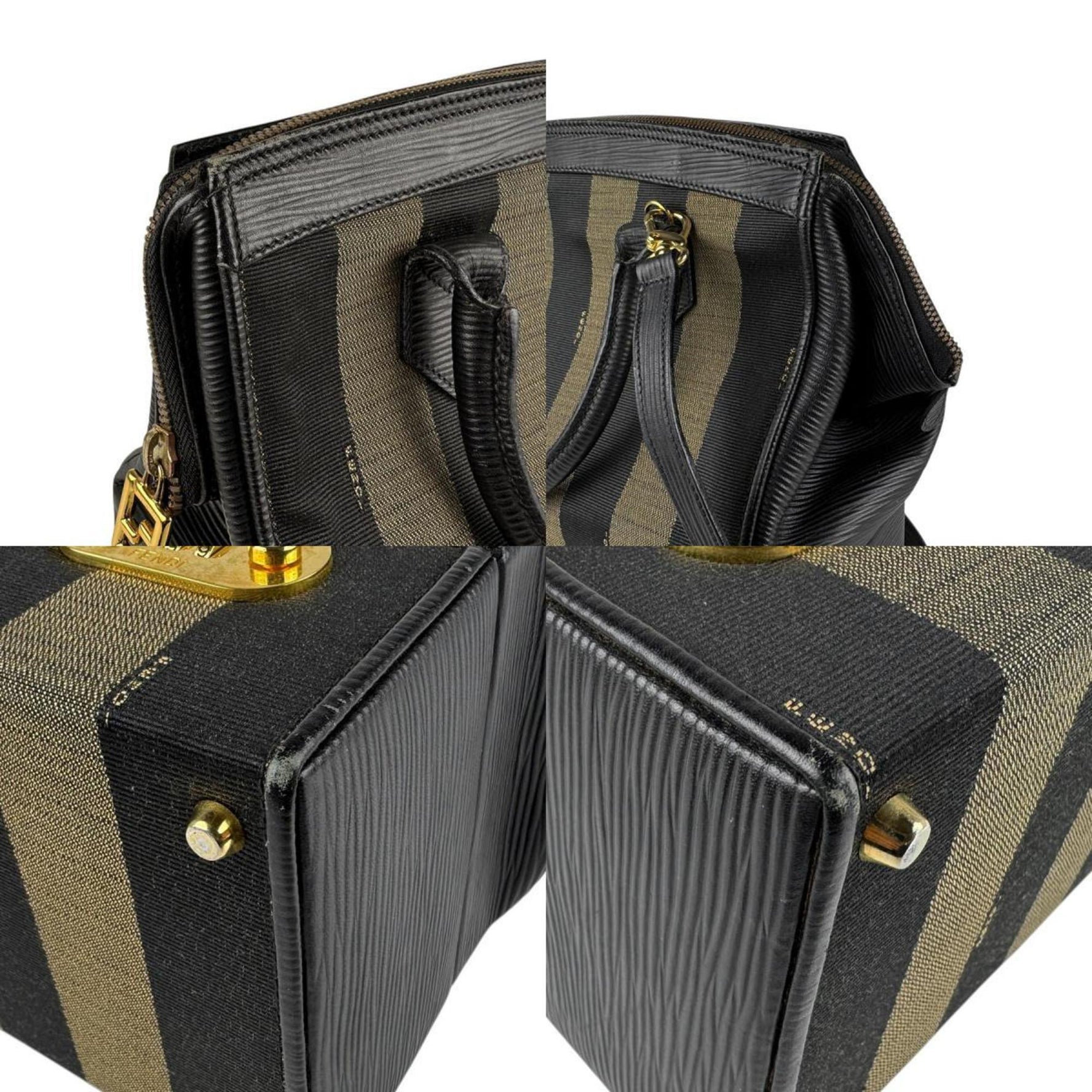 FENDI Handbag Shoulder Bag Makeup Box Pecan Canvas Leather Brown Black Gold